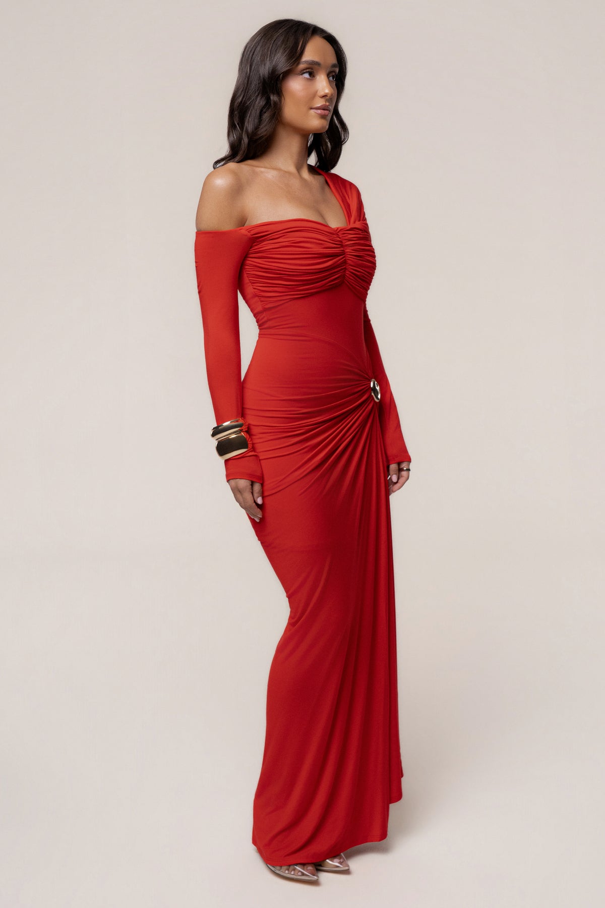 Red Stars Align Ruched Maxi Dress