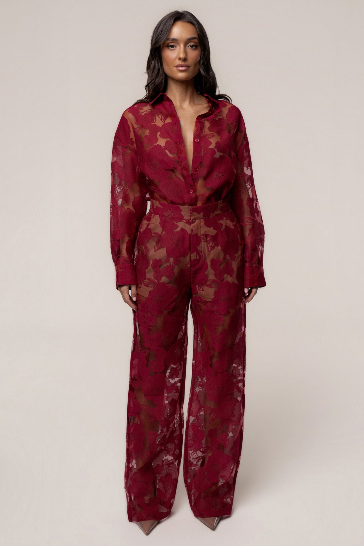 Burgundy Organza Floral Pant - JLUXLABEL