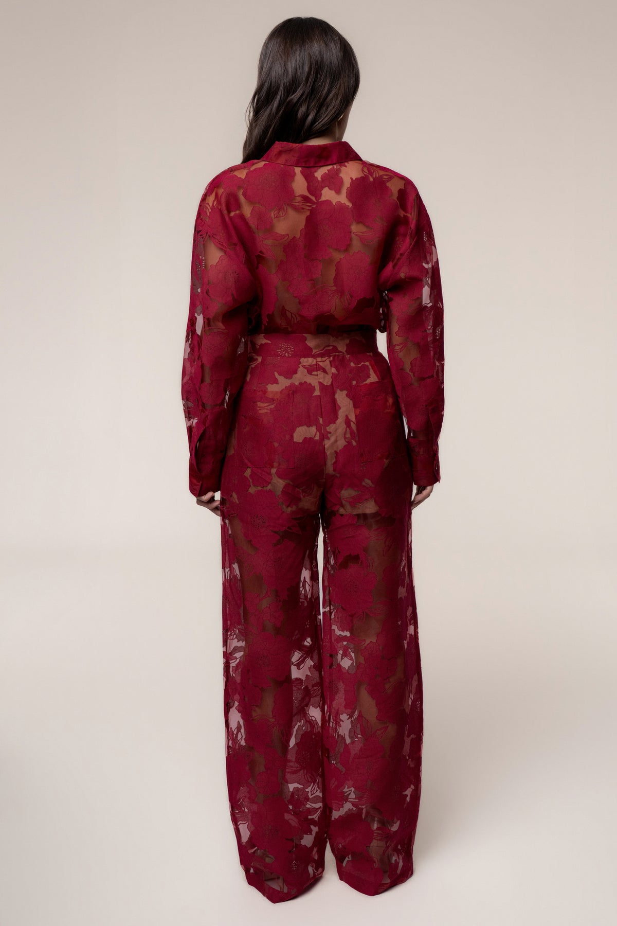 Burgundy Organza Floral Pant - JLUXLABEL