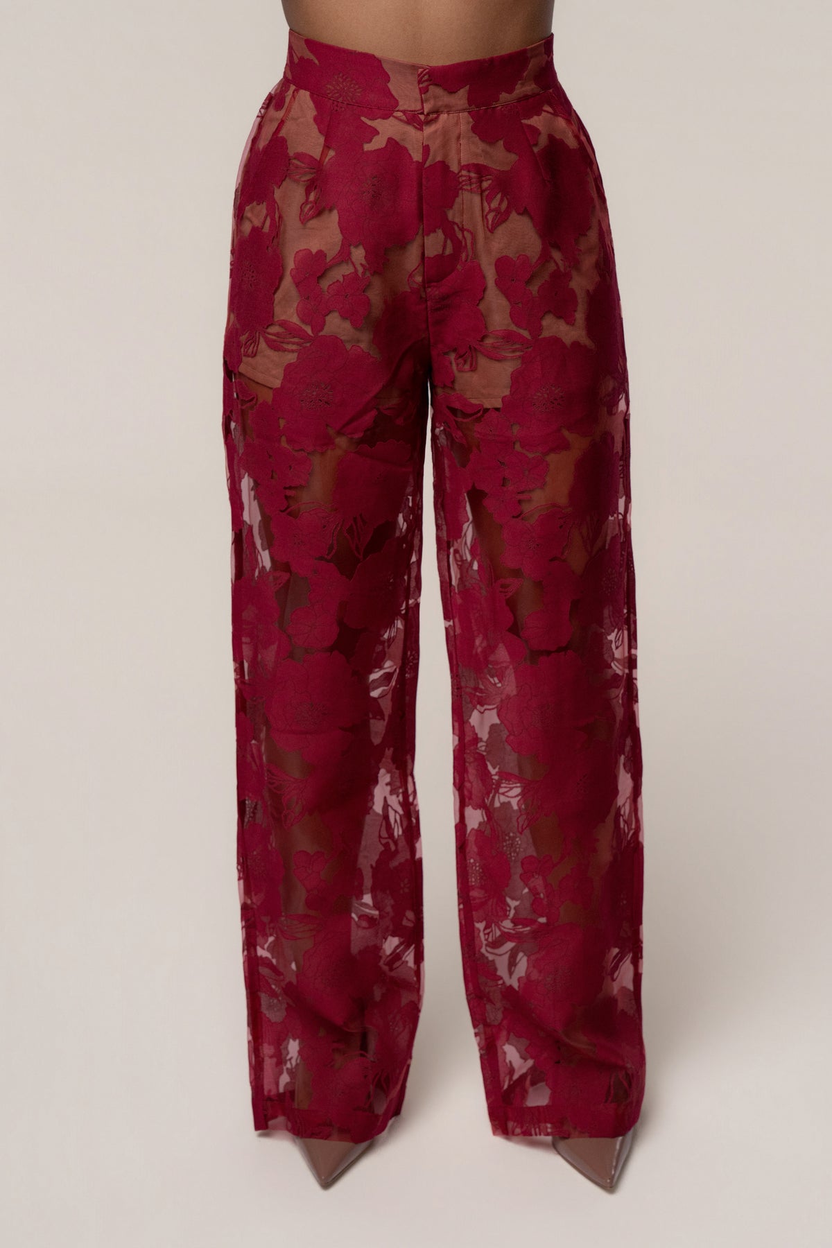 Burgundy Organza Floral Pant - JLUXLABEL