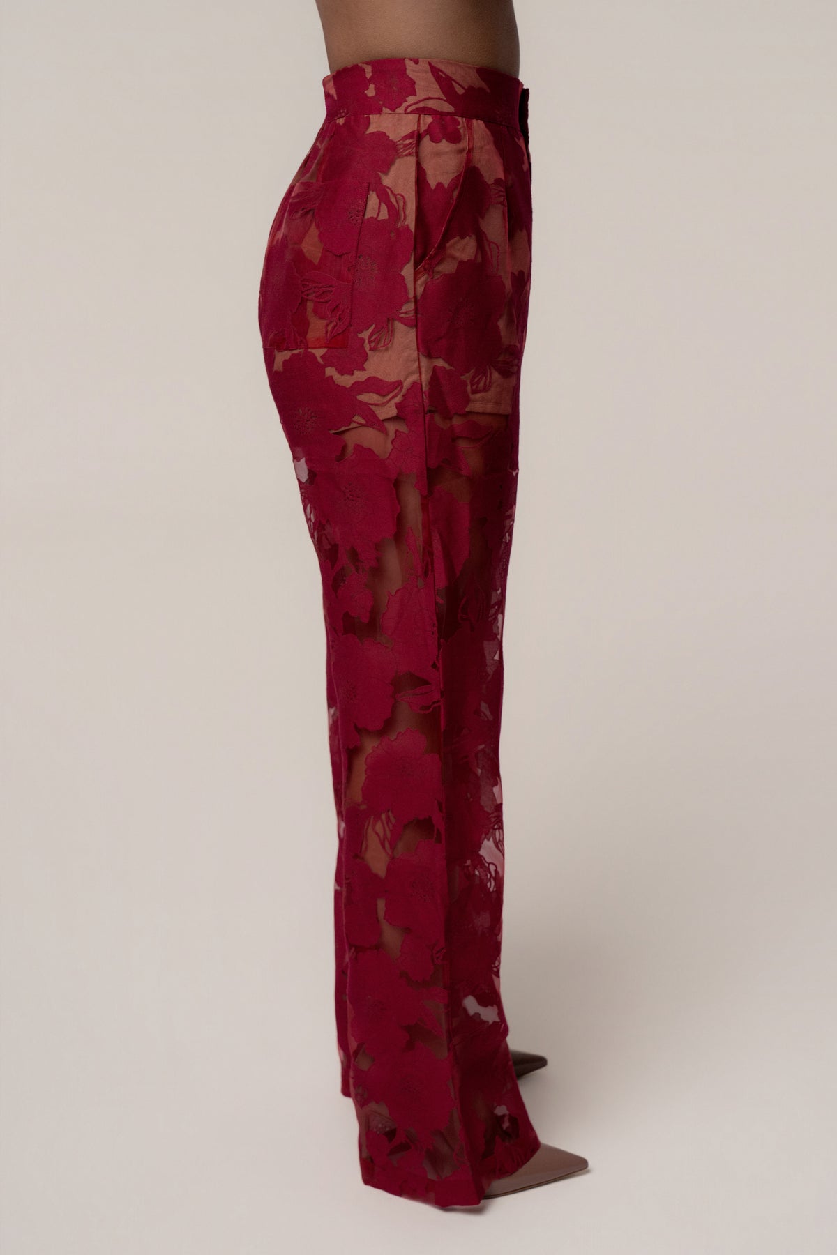 Burgundy Organza Floral Pant - JLUXLABEL