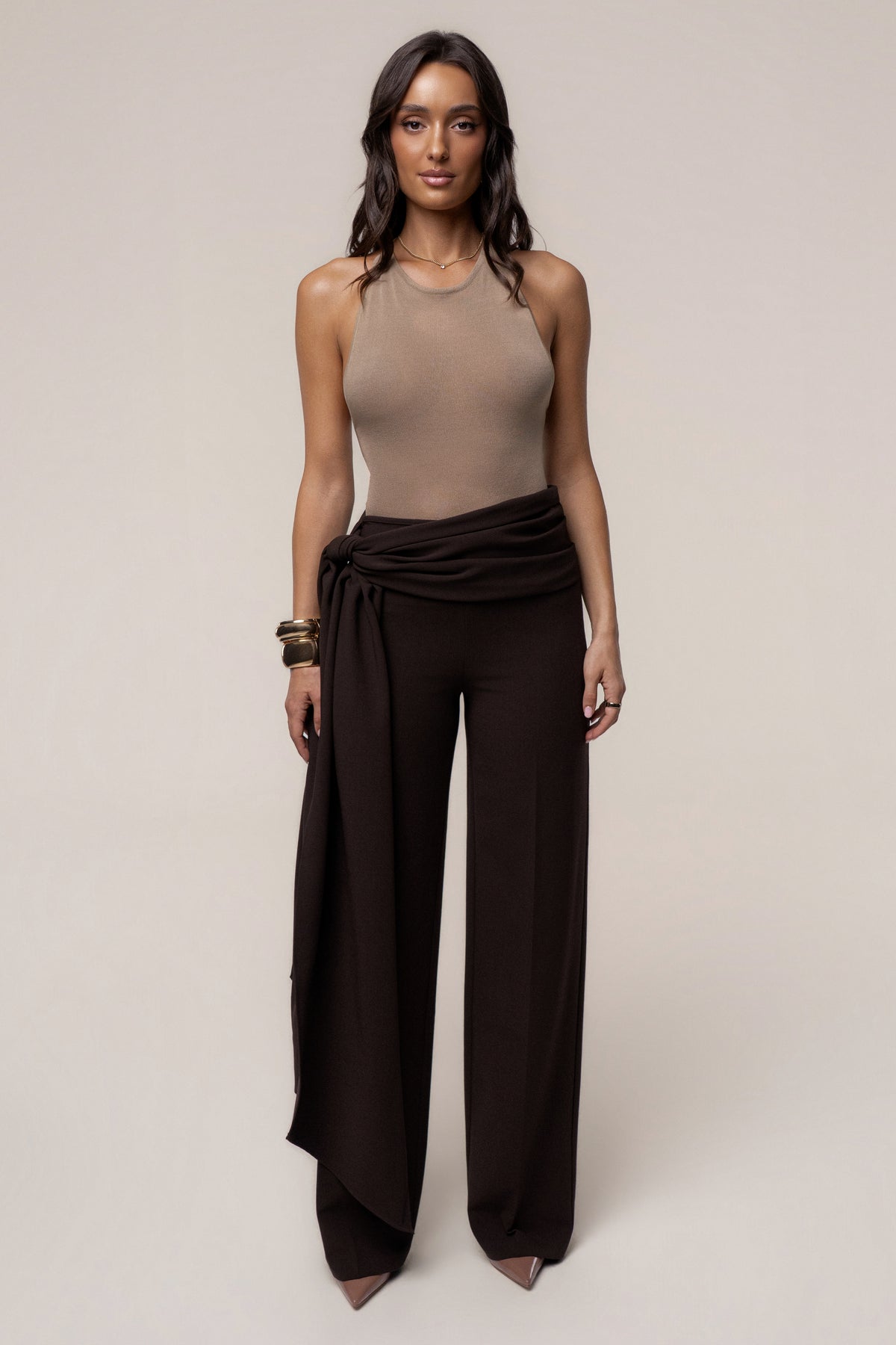 Brown Draped Sash Trouser