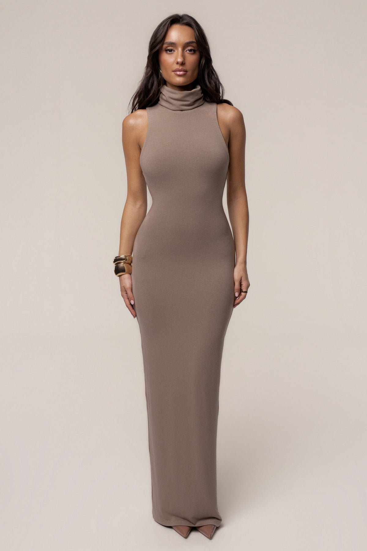 Beige Classic Turtleneck Maxi Dress