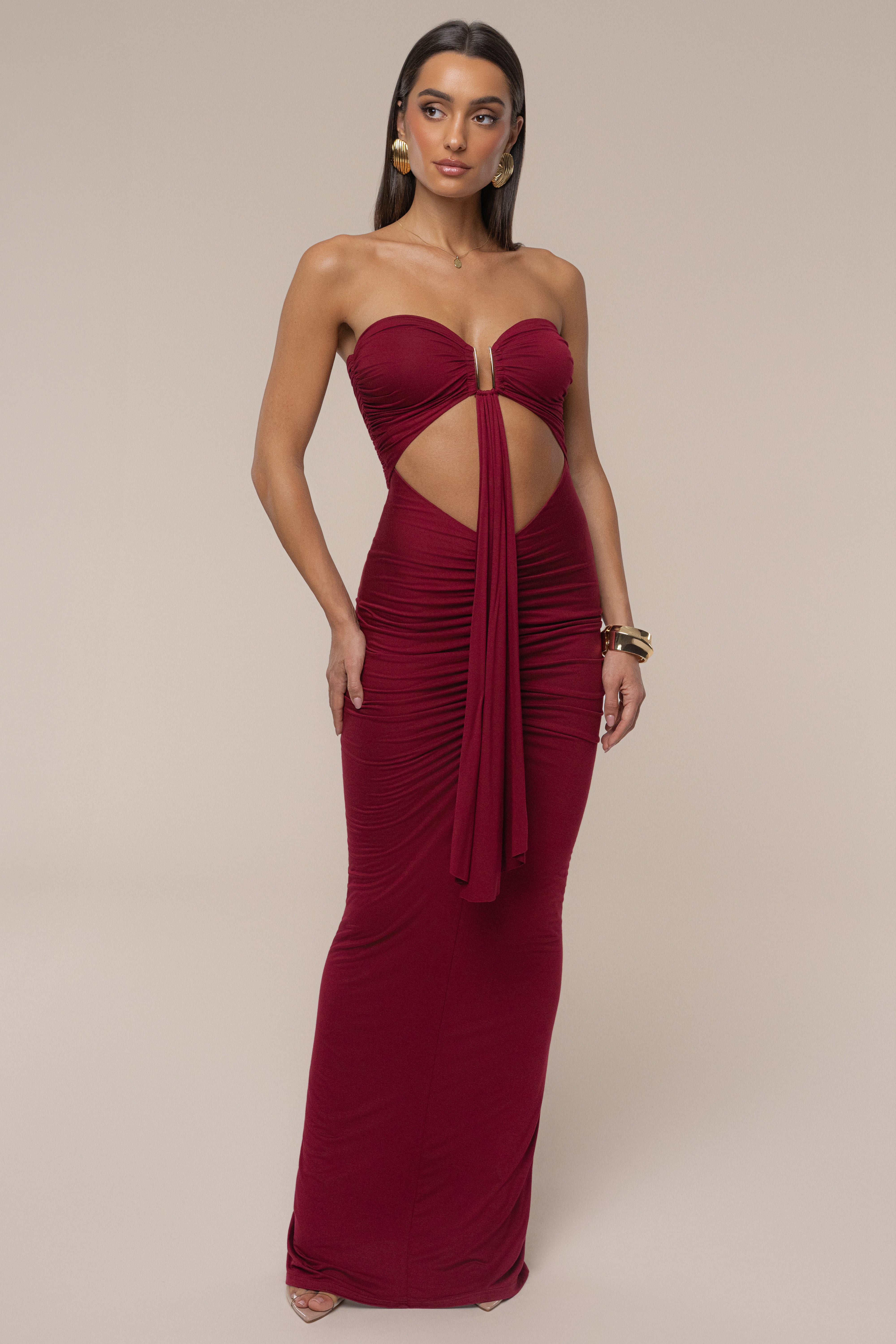 Burgundy Atlantis Drape Maxi Dress - JLUXLABEL
