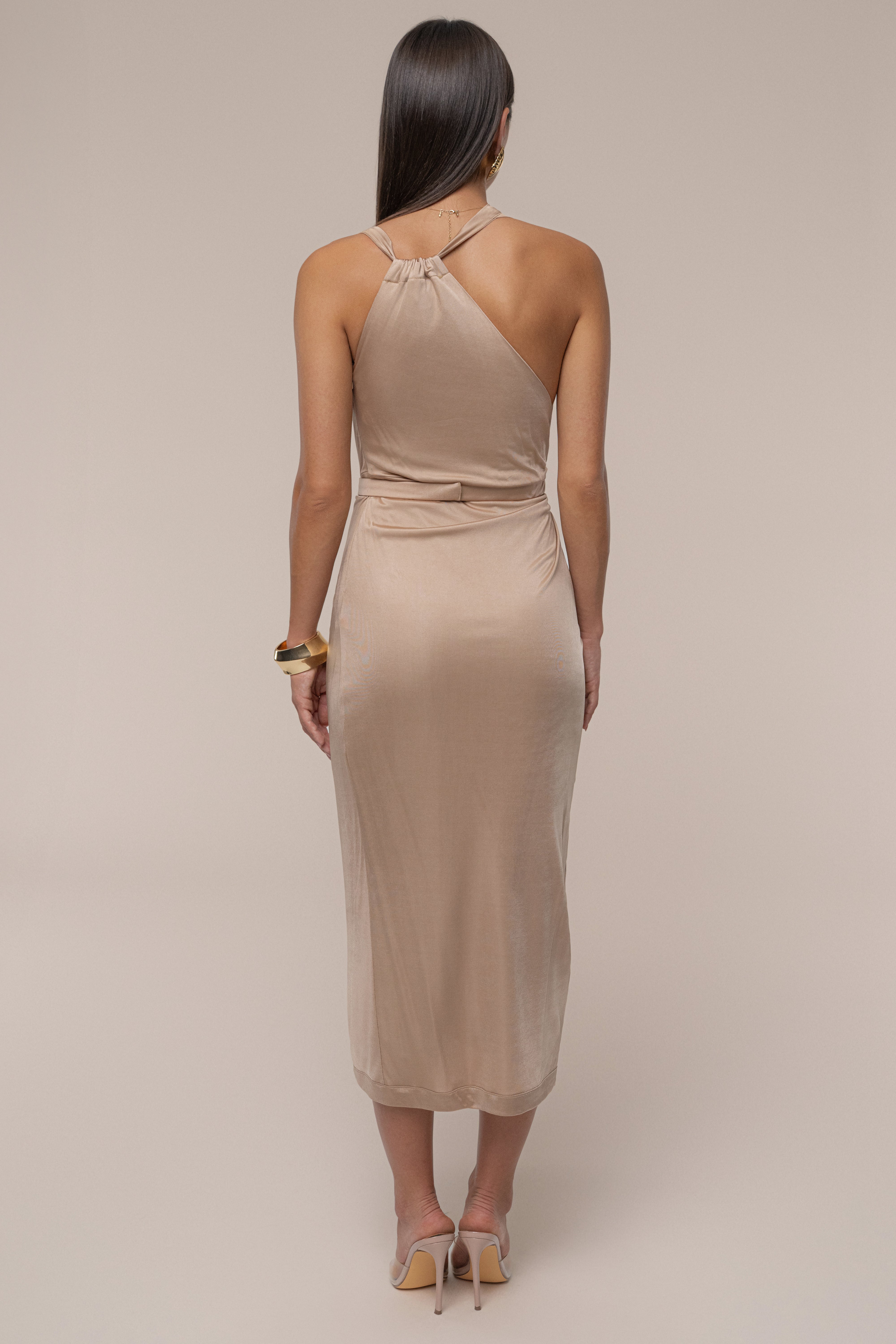 Tan Anniversary Belted Wrap Dress - JLUXLABEL