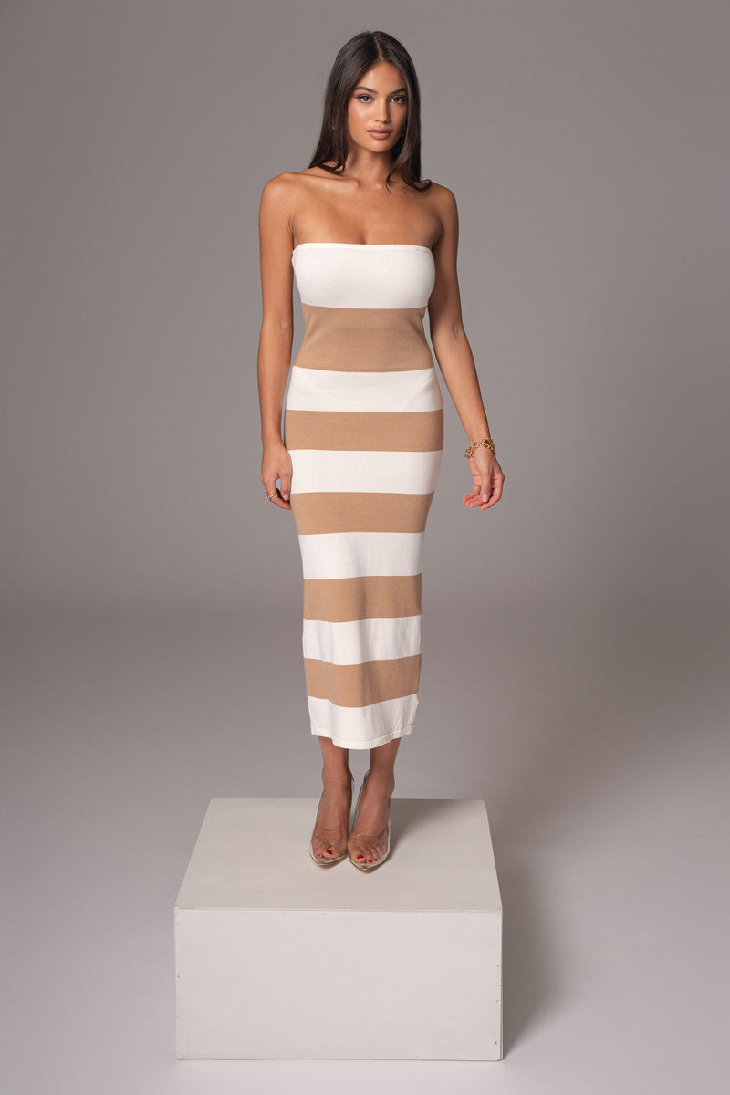 Robe midi sans bretelles rayée ivoire/beige