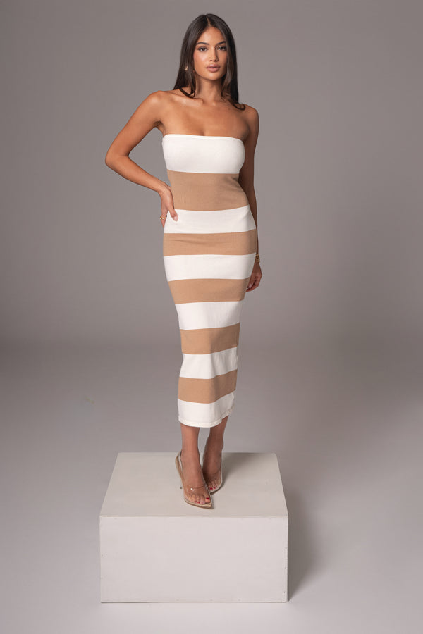 Robe midi sans bretelles rayée ivoire/beige