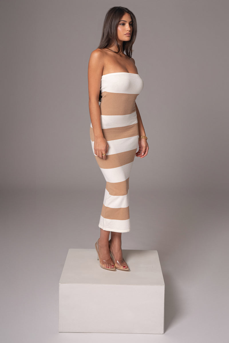 Ivory/Beige Striped Strapless Midi Dress