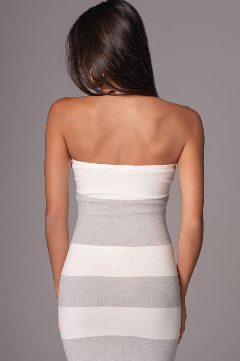 Ivory/Heather Grey Striped Strapless Midi Dress