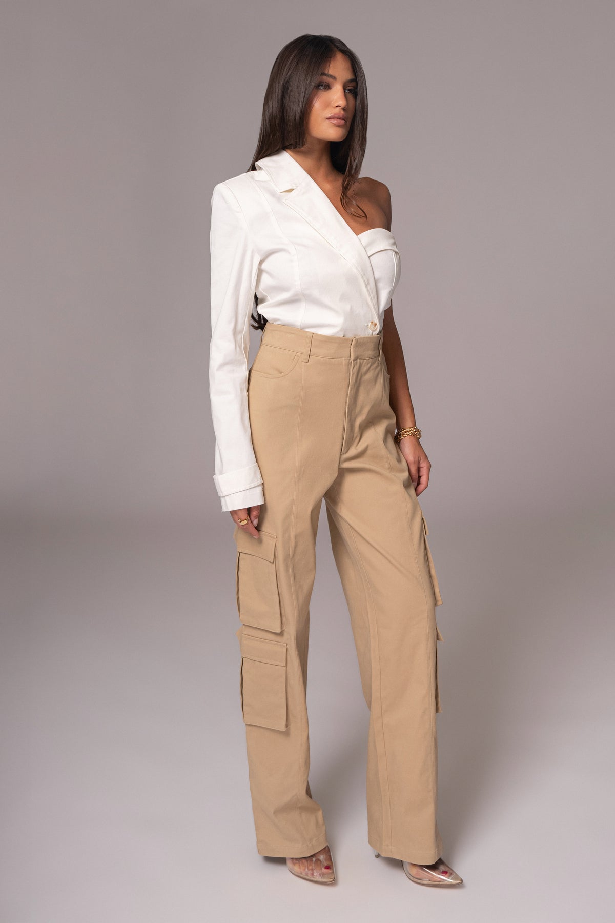 JLUXLABEL khaki Double Take cargo pants, stylish bottoms with multiple pockets and relaxed fit, shown on a model.