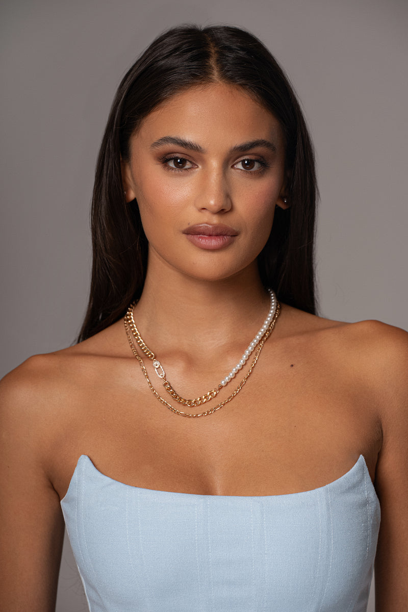 Gold Pearl Layered Necklace Set