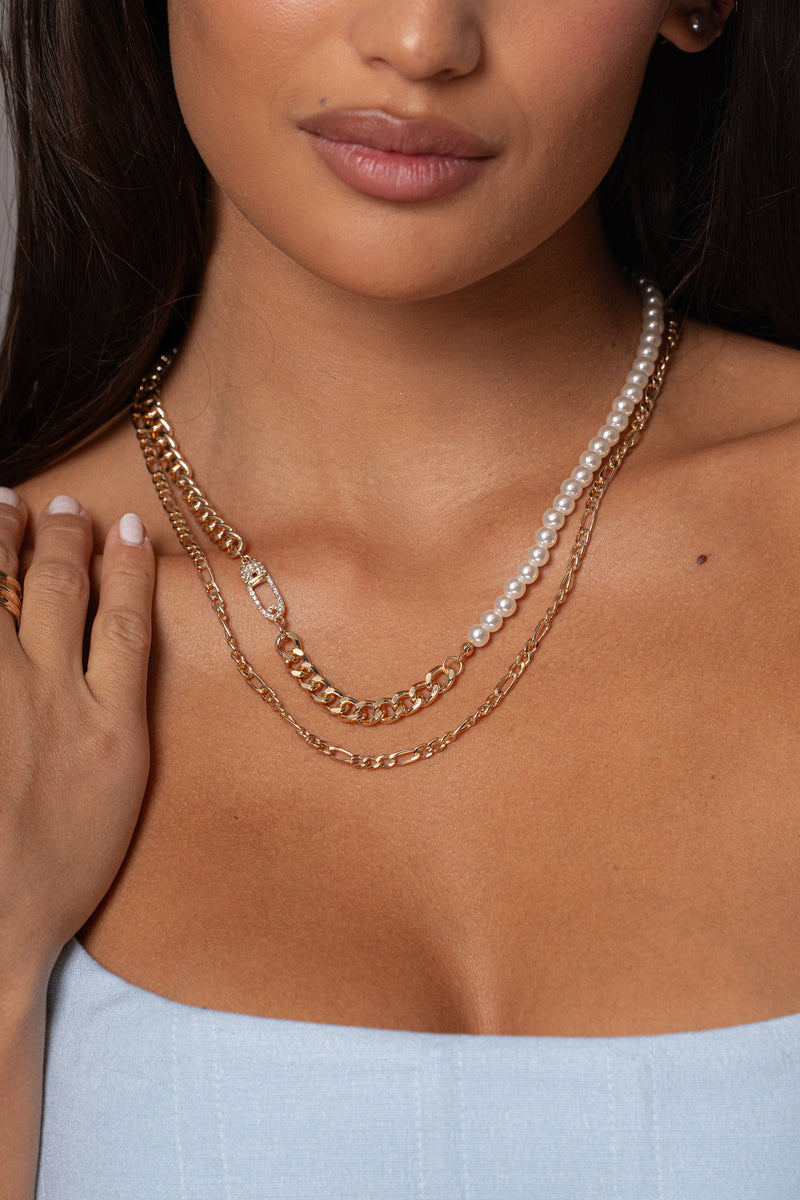 Gold Pearl Layered Necklace Set