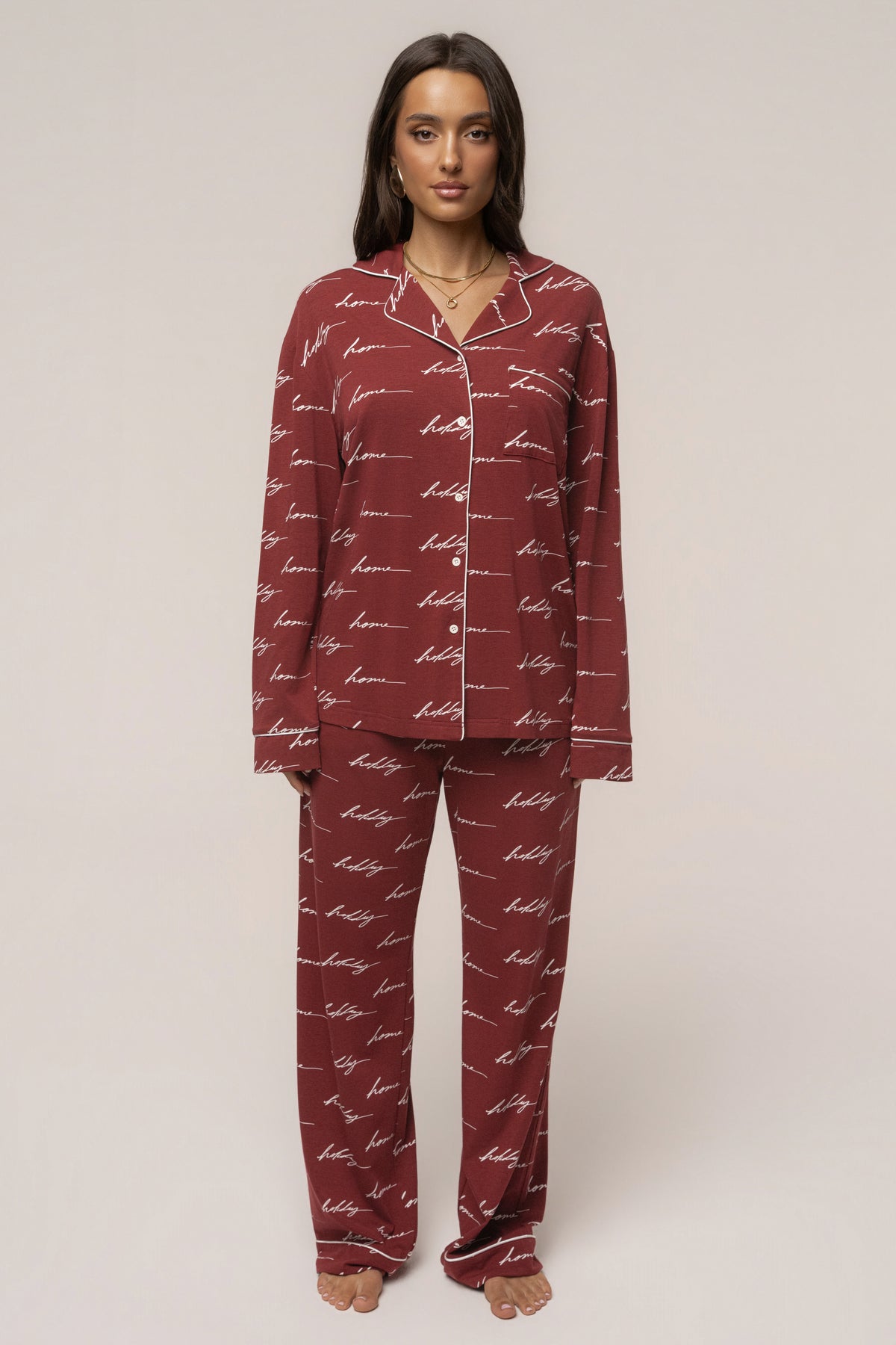 Burgundy JLUXLABEL Home For The Holidays adult pajama set with long sleeve top and matching pants, cozy and festive sleepwear.