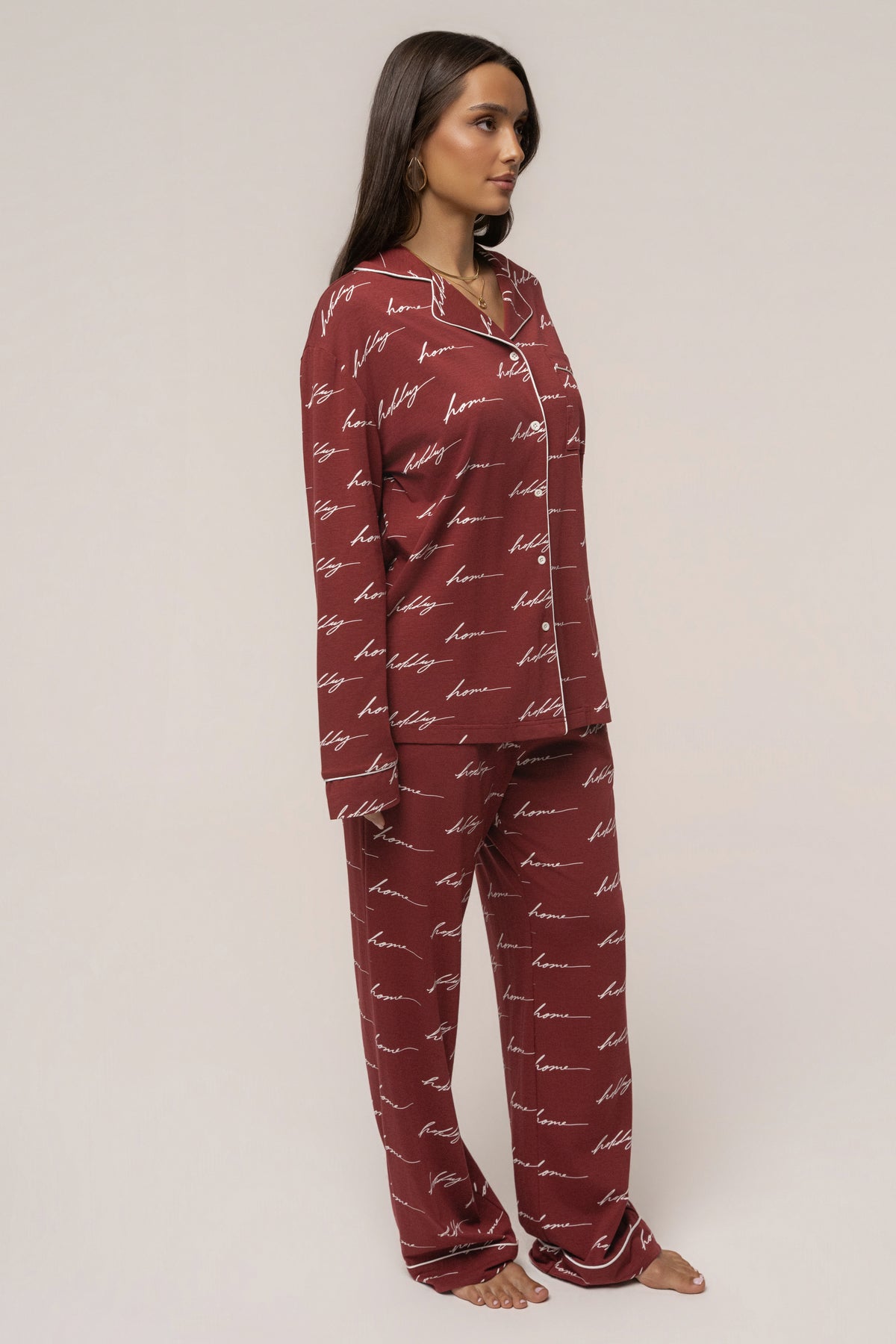 Burgundy JLUXLABEL adult pajama set from the Home For The Holidays collection, featuring a cozy, festive sleepwear set.