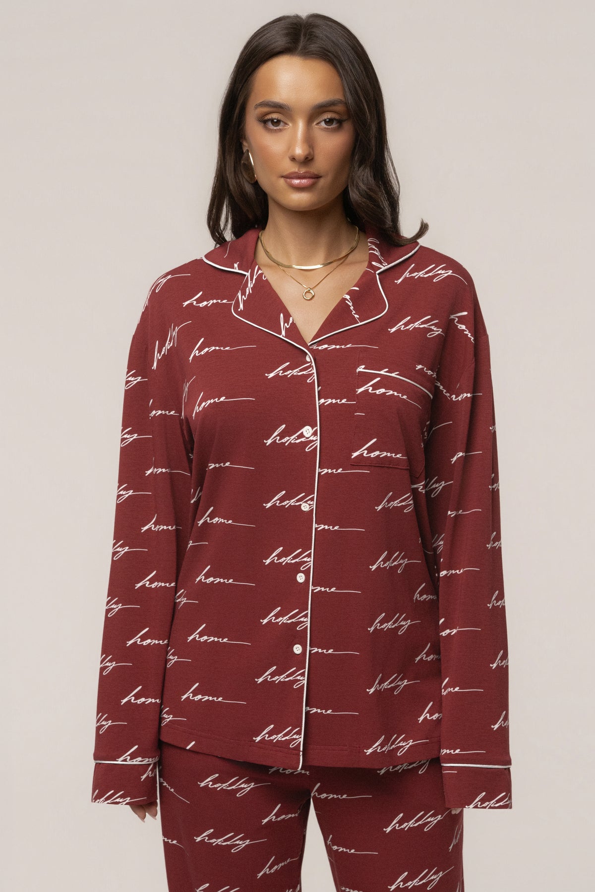 Burgundy adult pajama set by JLUXLABEL featuring a cozy holiday-themed design, perfect for home loungewear or festive evenings.