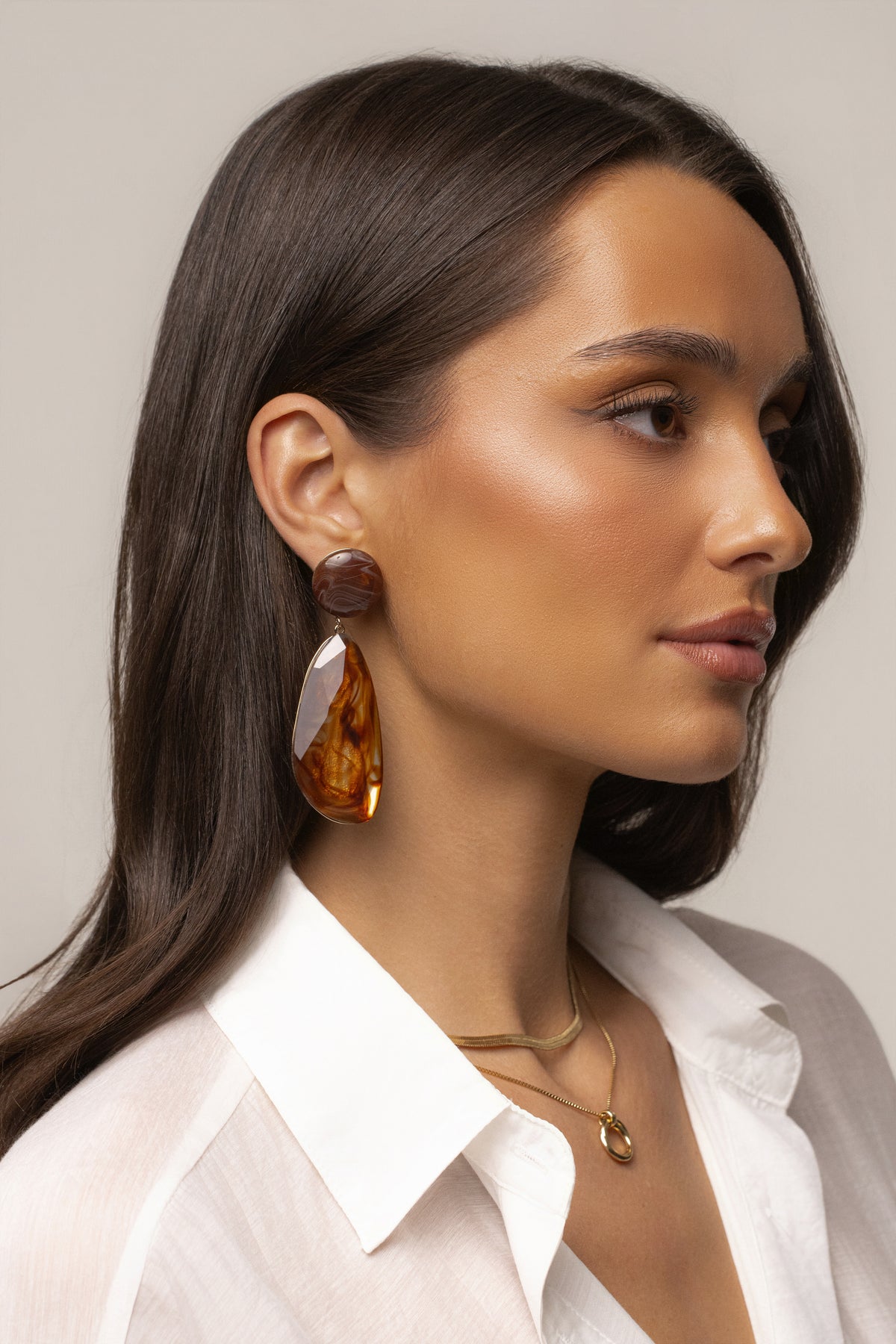 Brown Estelle marble earrings by JLUXLABEL, showcasing round marble jewelry with gold-tone accents for a stylish look.