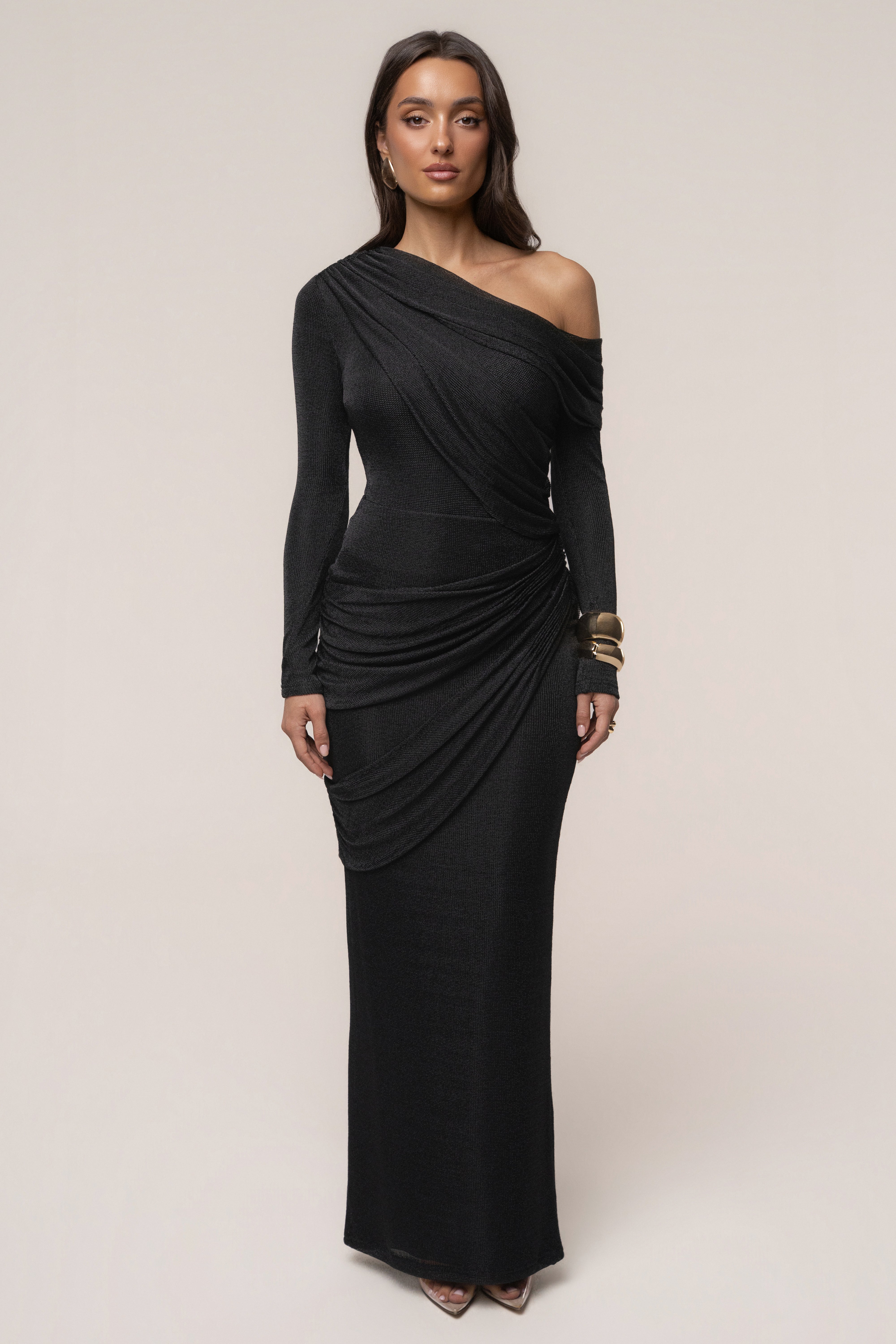 Black metallic bodysuit from JLUXLABEL featuring a sleek, opulent design with a fitted top style.