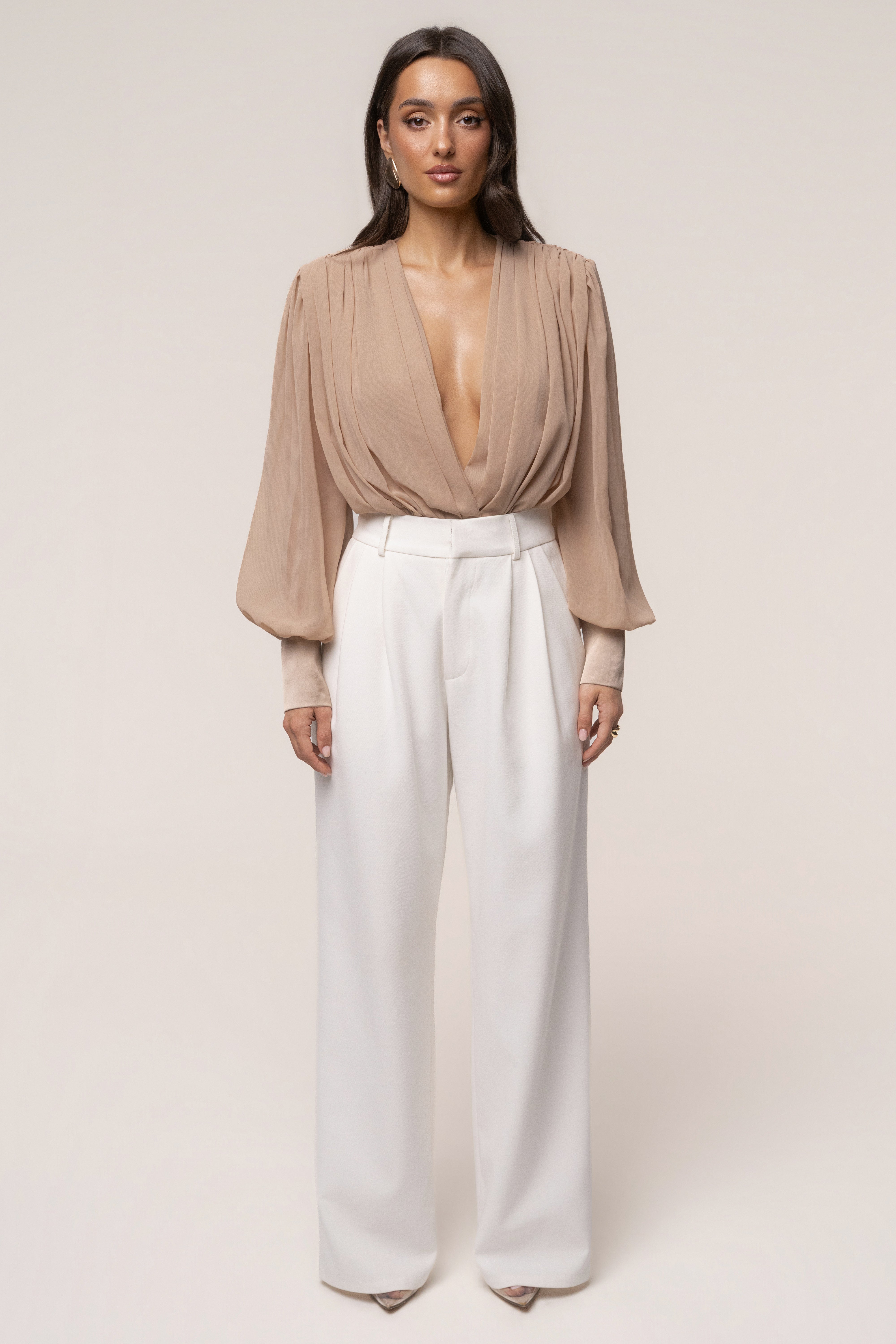 Tan JLUXLABEL pleated chiffon top with refined design, featuring elegant pleats and lightweight fabric, perfect for stylish outfits.