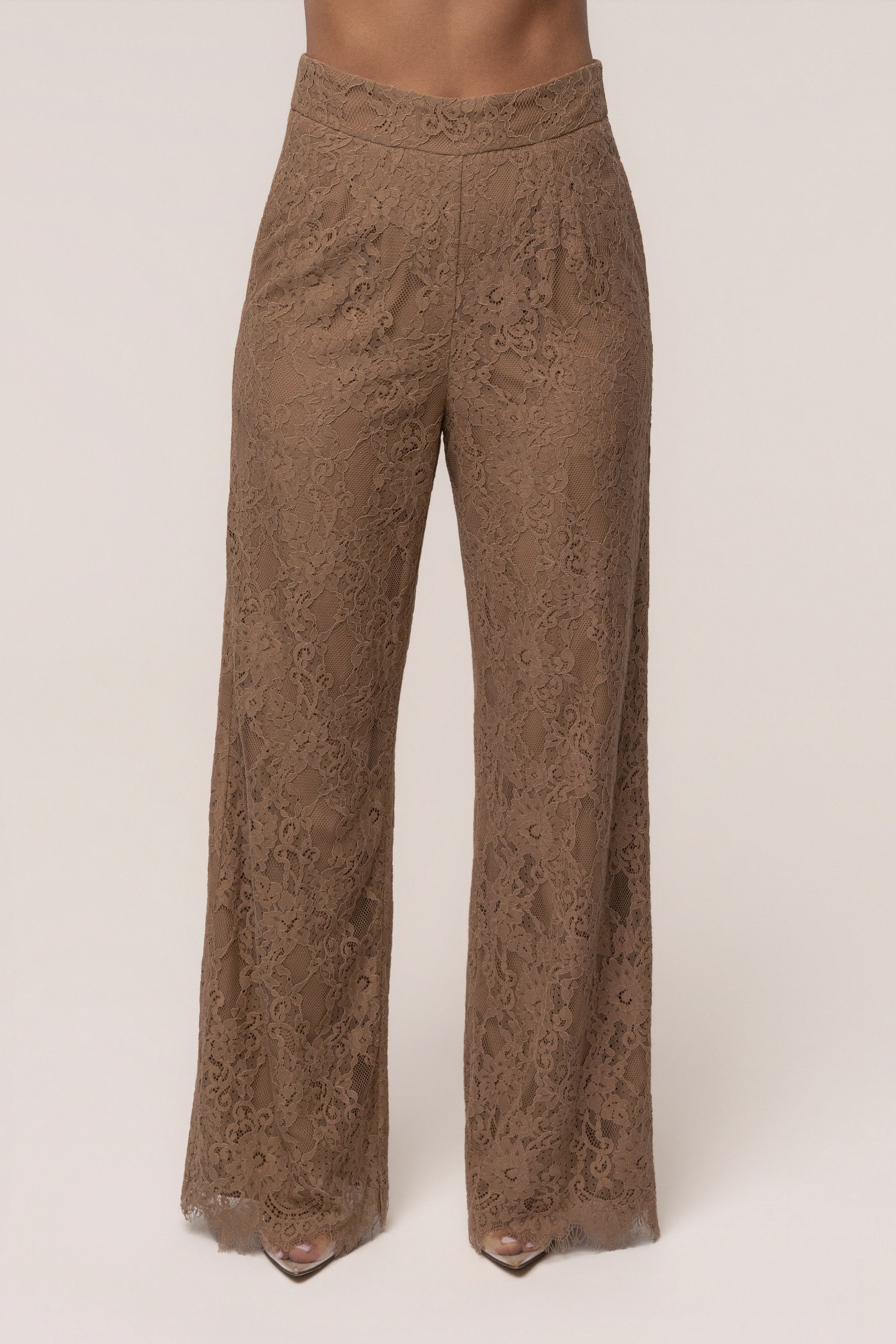Tan JLUXLABEL Forever Crush Lace Pant bottoms with intricate lace details and a stylish fit.
