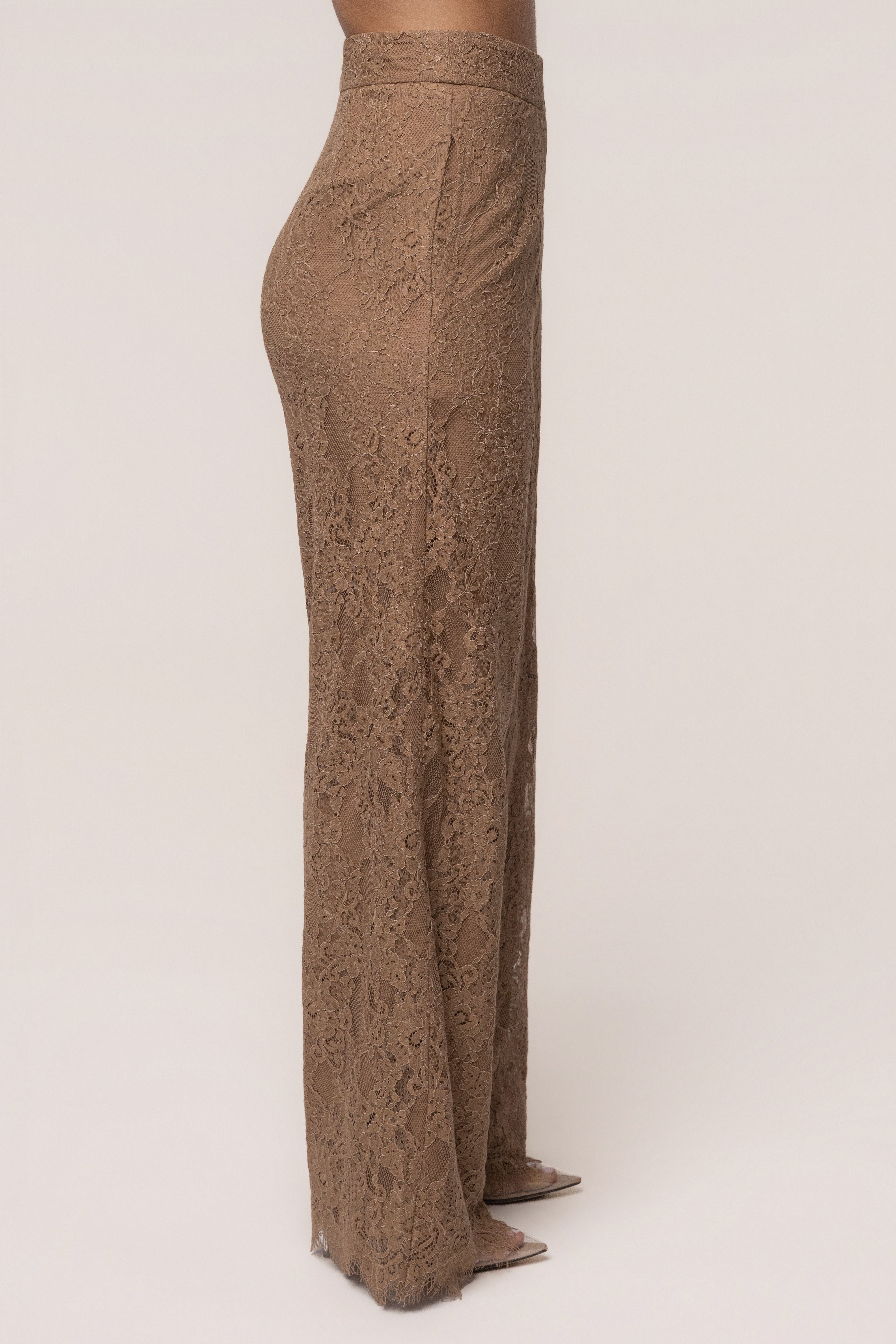 Tan JLUXLABEL Forever Crush Lace Pant bottoms with intricate lace detailing, shown on a model.