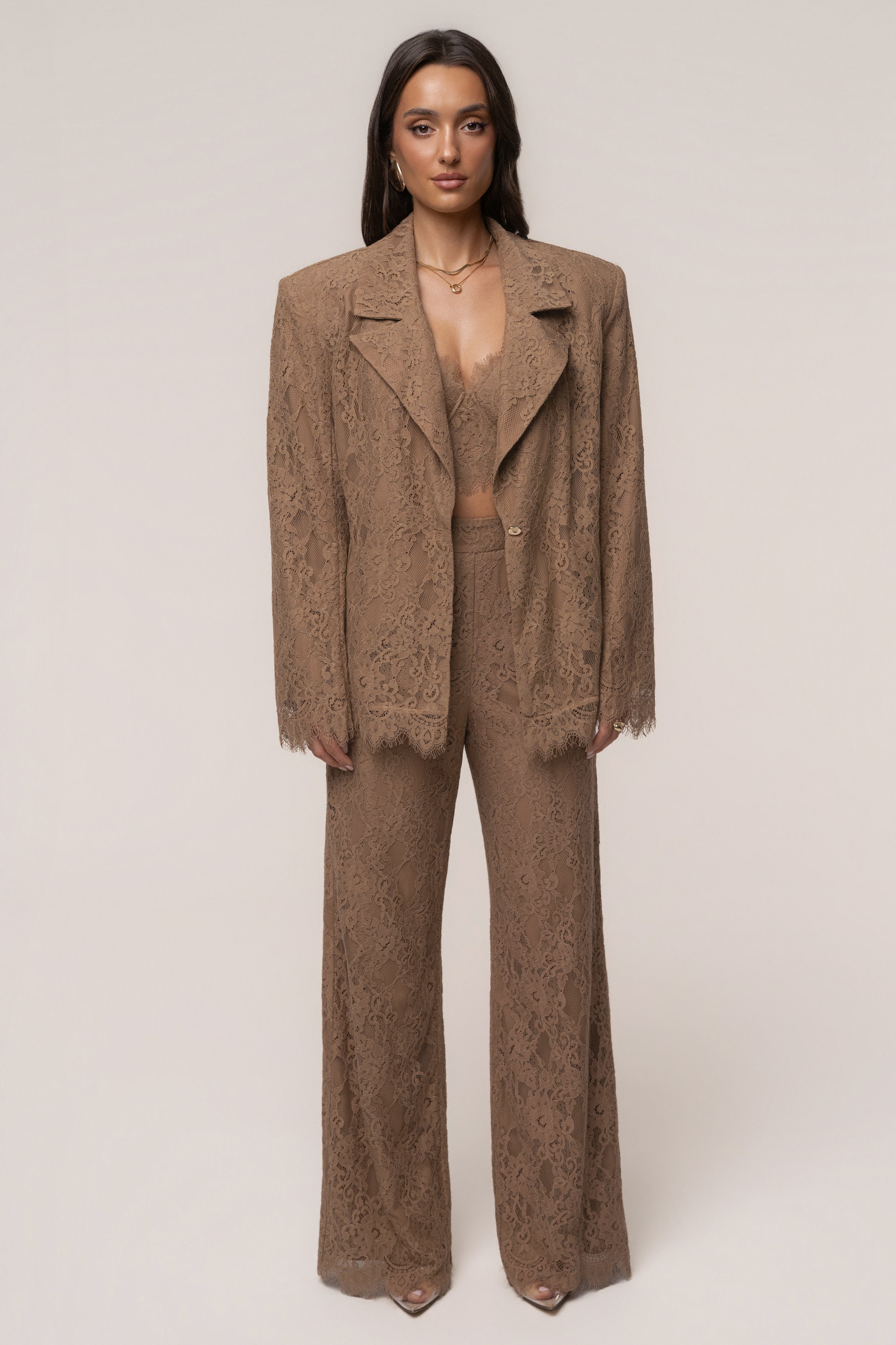 Tan JLUXLABEL Forever Crush Lace Pant bottoms with delicate lace detailing and a fitted silhouette.