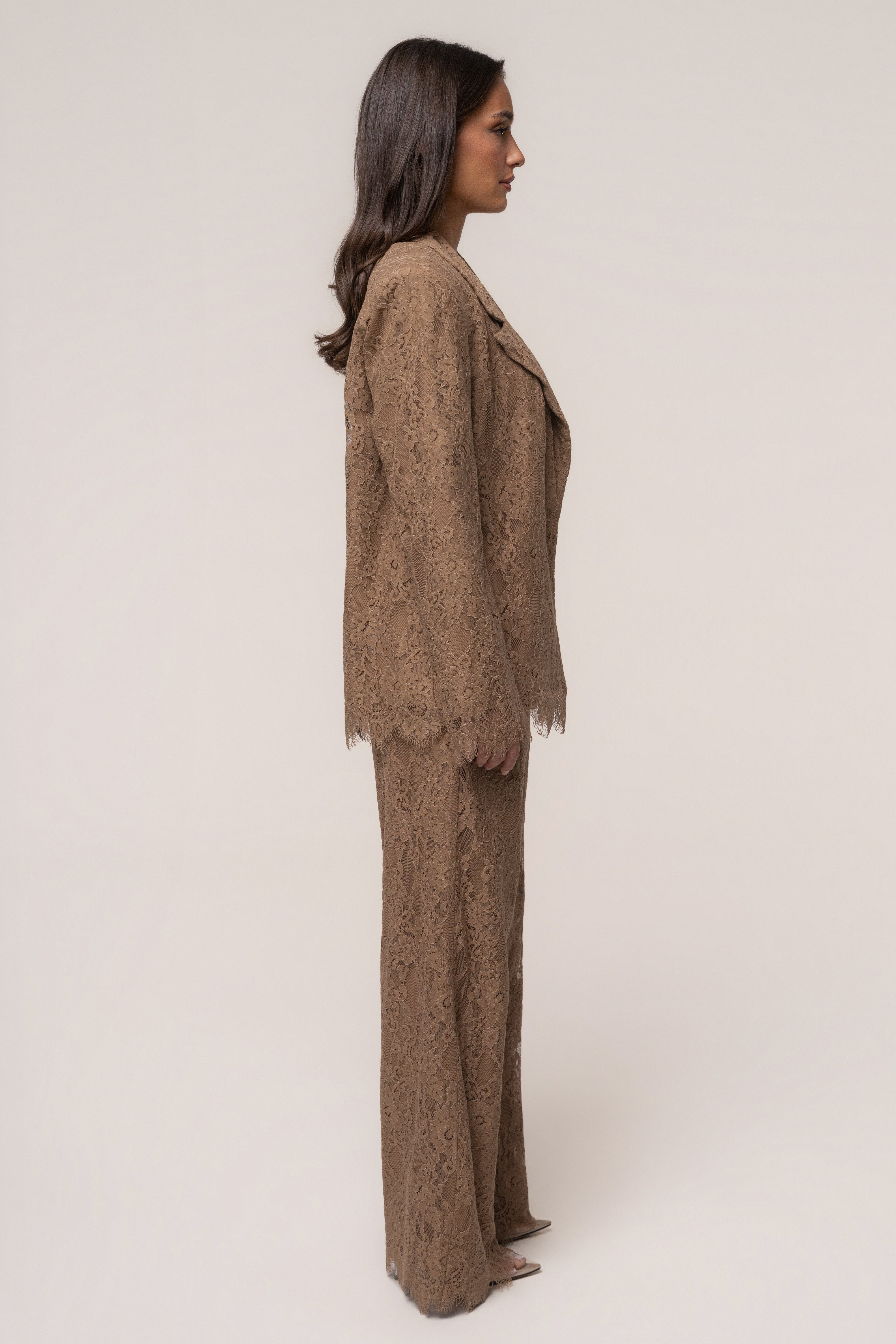 Tan lace and desire blazer by JLUXLABEL, featuring a tailored outerwear design with lace accents and a structured fit.