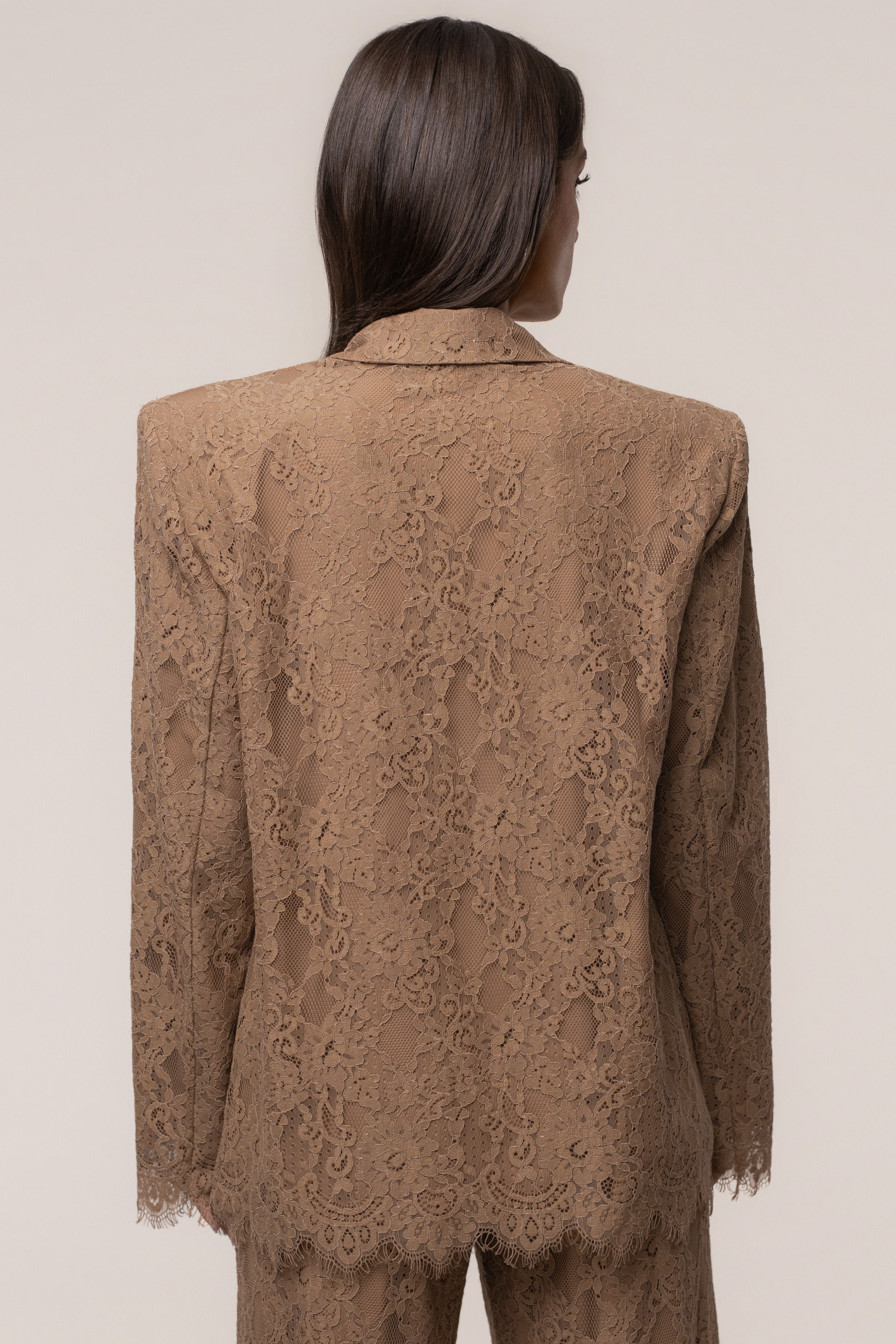 Tan lace and desire blazer by JLUXLABEL, stylish outerwear with lace details, shown on a mannequin.