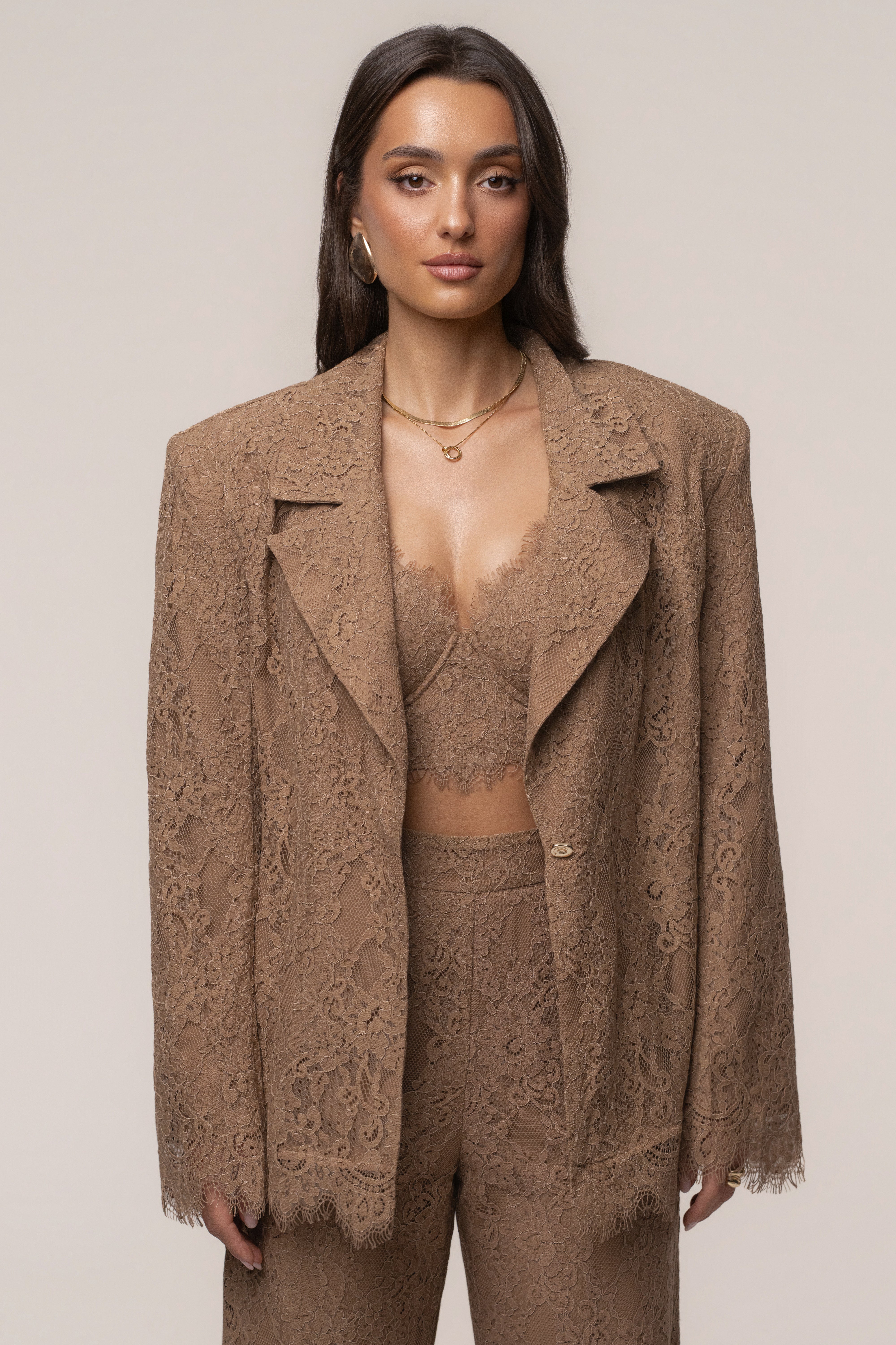 Tan JLUXLABEL Lace and Desire blazer, stylish outerwear with lace detail, displayed on a neutral background.