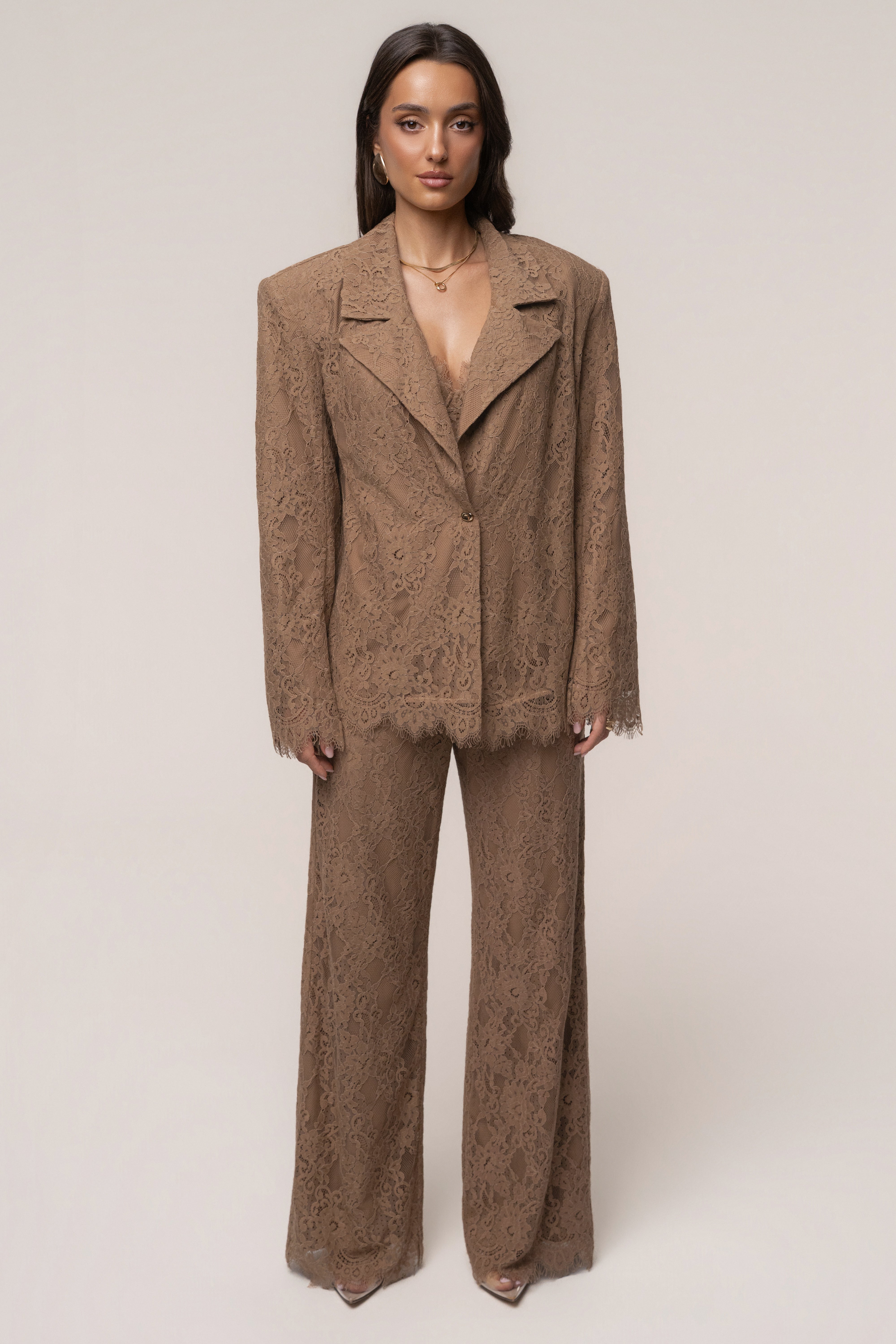 Tan lace and desire blazer from JLUXLABEL, stylish outerwear with intricate lace details and tailored fit.
