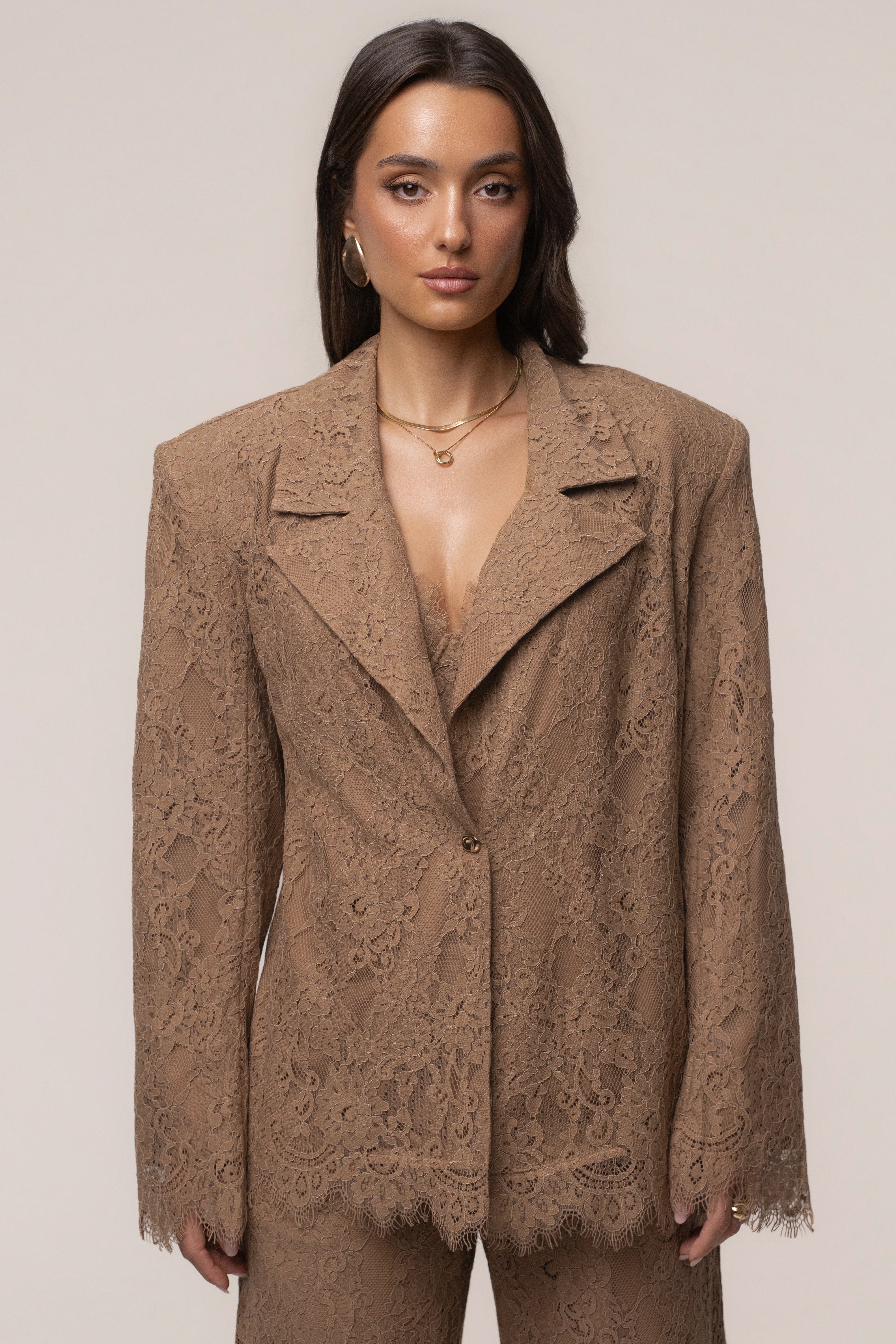 Tan lace detail blazer from JLUXLABEL, stylish outerwear with intricate lace accents and tailored fit.