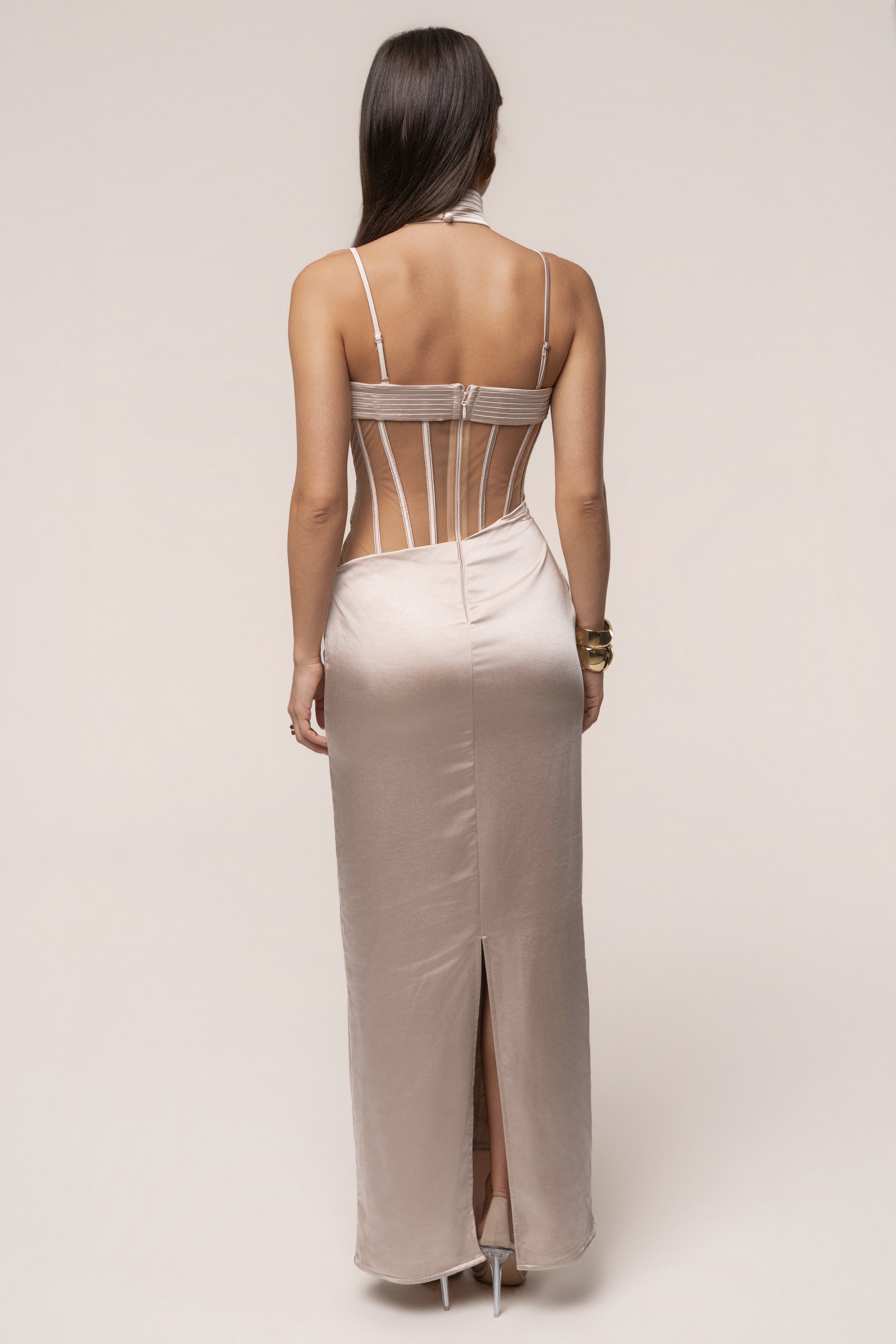 Golden Hour Champagne Maxi Dress by JLUXLABEL featuring a stylish corset waist and flowing fabric, perfect for elegant occasions.