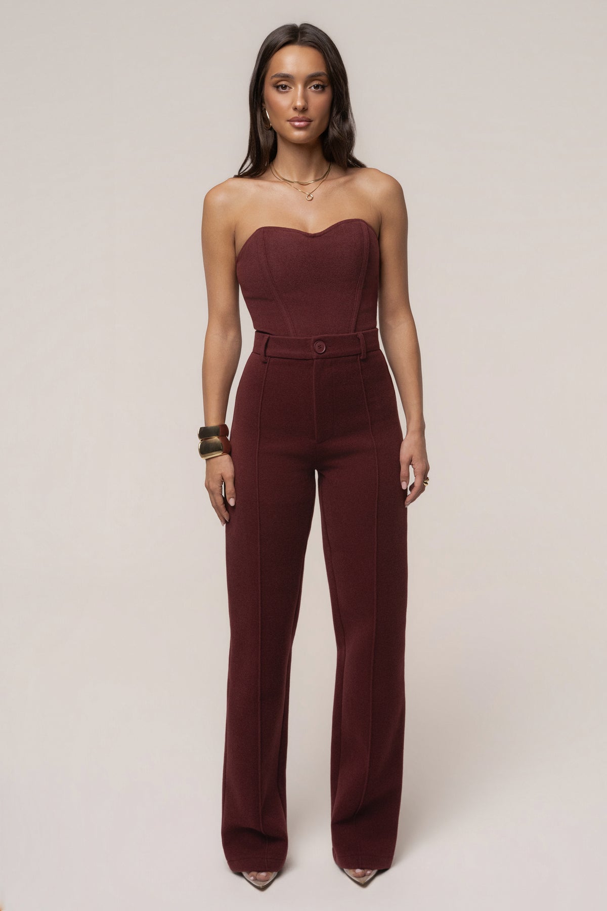 Burgundy JLUXLABEL Stay Sharp trousers for women, tailored bottoms with a sleek fit and modern style.