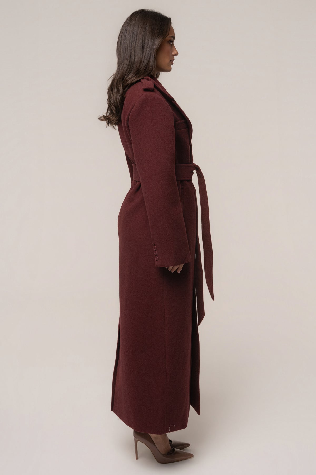 Burgundy Savannah belted coat by JLUXLABEL, stylish outerwear with a tailored fit and classic design, shown on a model.