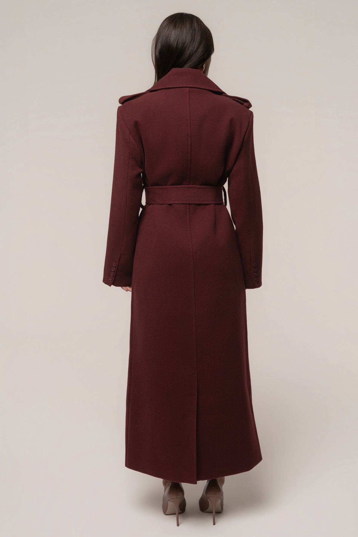 Burgundy Savannah belted coat from JLUXLABEL, stylish outerwear with a tailored fit and classic design, perfect for cold weather.