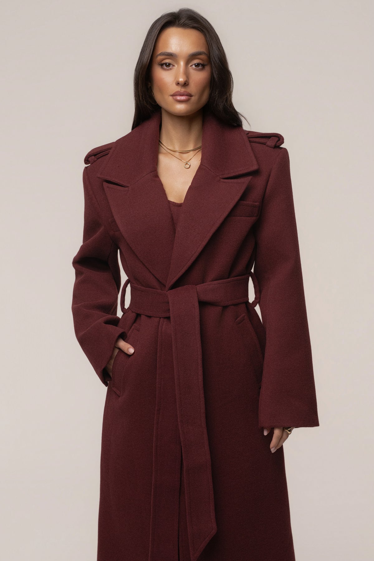 Burgundy JLUXLABEL Savannah belted coat, stylish outerwear with a tailored fit and classic design, displayed on a mannequin.