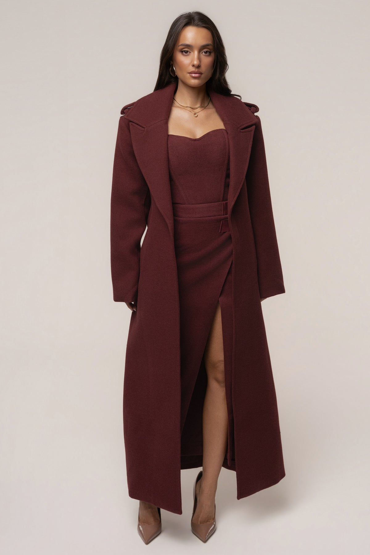 Burgundy Savannah belted coat by JLUXLABEL, stylish outerwear with a tailored fit, featuring a belt and classic design.