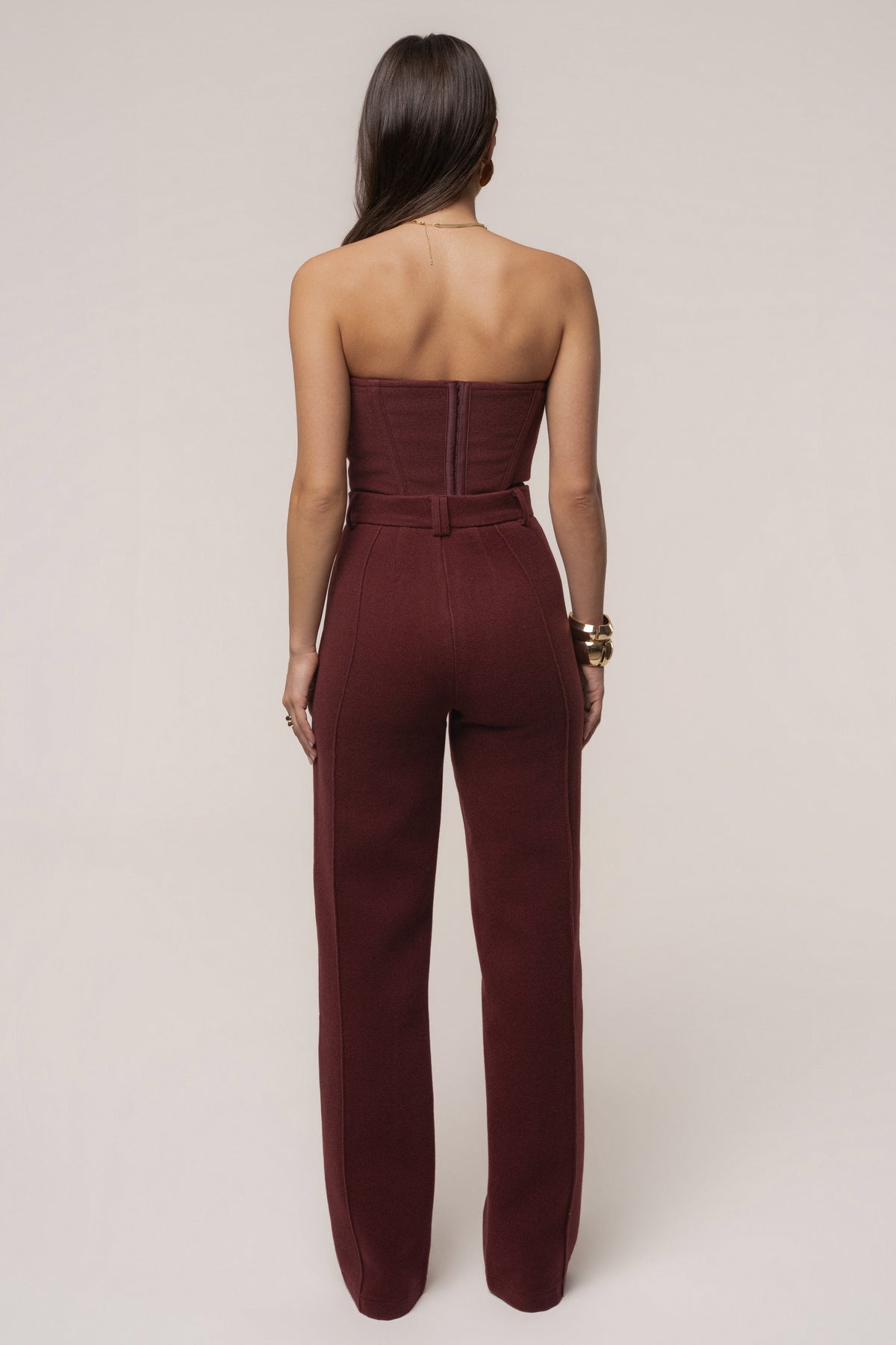 Burgundy JLUXLABEL woven corset top with structured design and front lacing, stylish and form-fitting for trendy outfits.