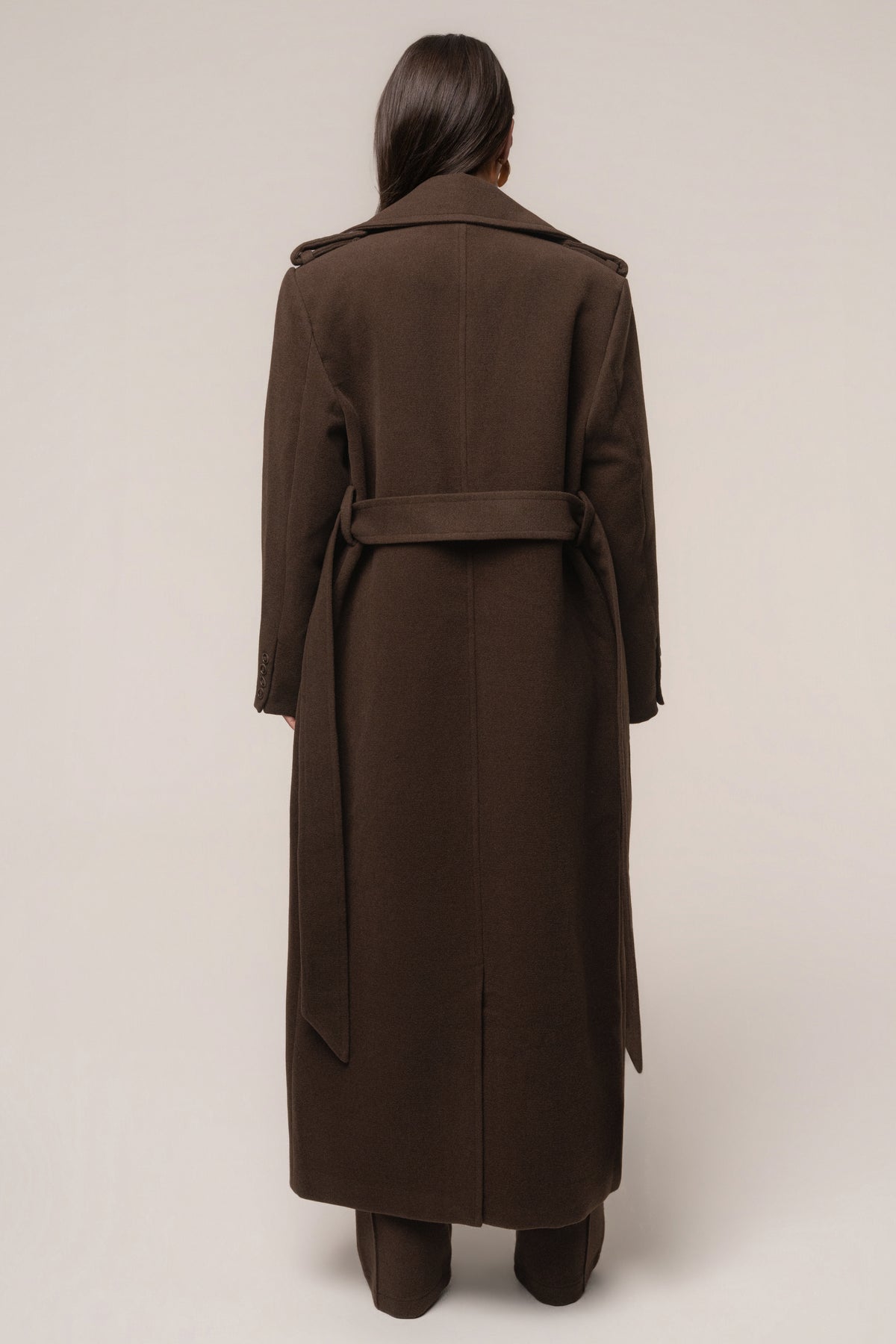 Chocolate Savannah belt coat by JLUXLABEL, stylish outerwear with belted waist and warm fabric, perfect for cold weather.