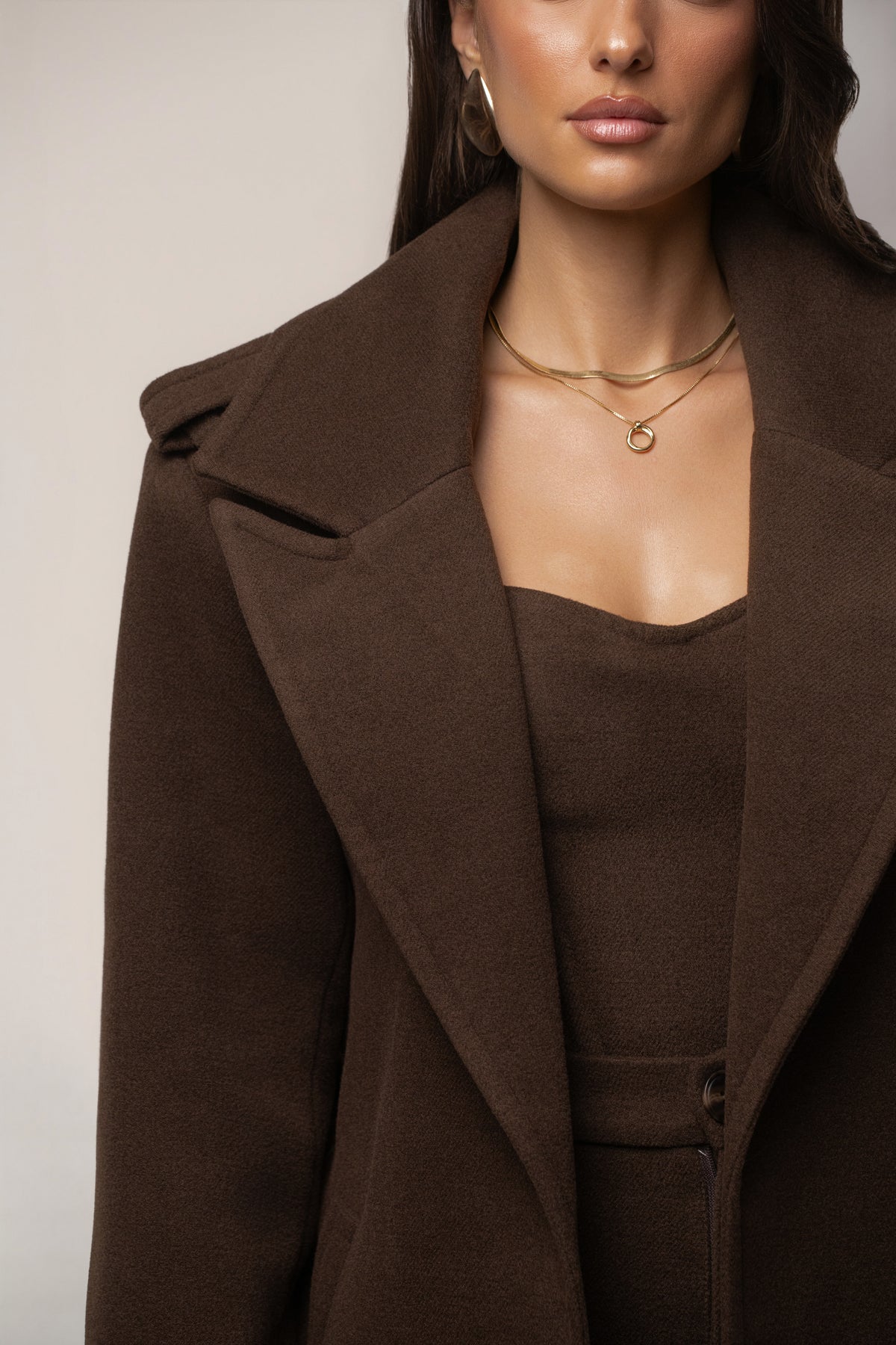 Chocolate Savannah belt coat from JLUXLABEL, stylish outerwear with a belted design and warm, cozy fabric for cold weather.