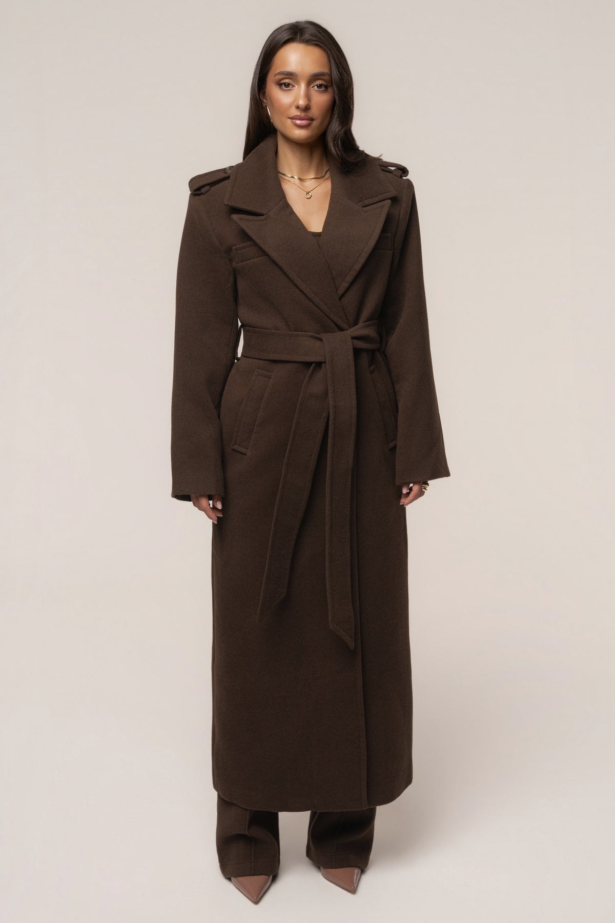Chocolate Savannah belt coat by JLUXLABEL, stylish outerwear with a belted waist and textured fabric for a chic look.