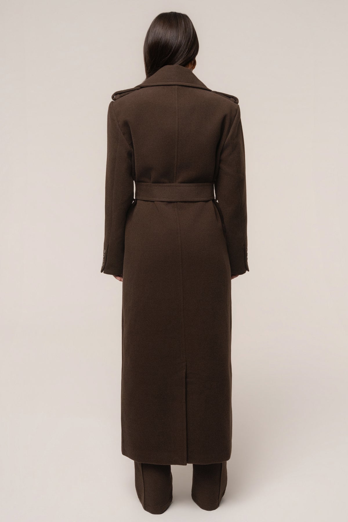 JLUXLABEL Chocolate Savannah belt coat, stylish outerwear with a belted waist, showing a cozy, sophisticated design.