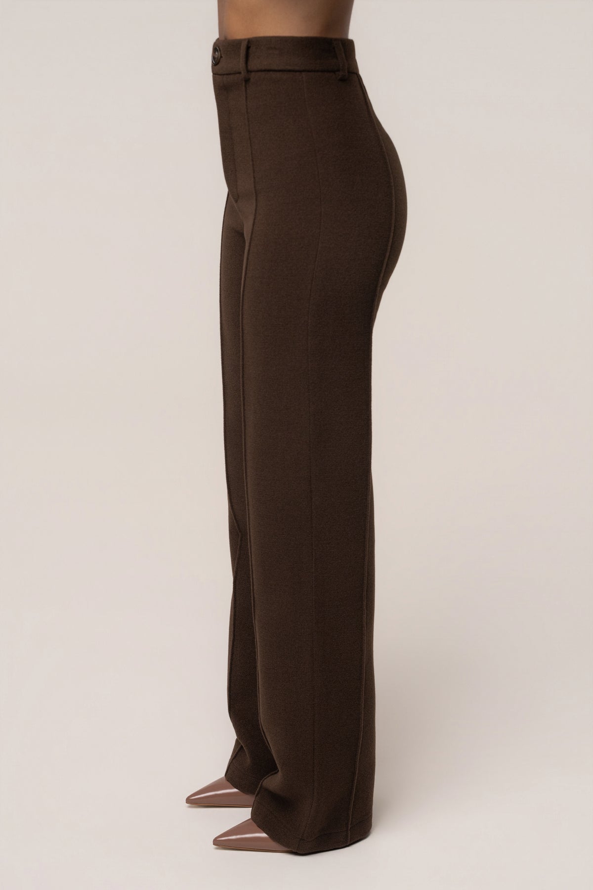 JLUXLABEL Chocolate Stay Sharp Trouser bottoms, tailored fit with sleek design, shown on a model.