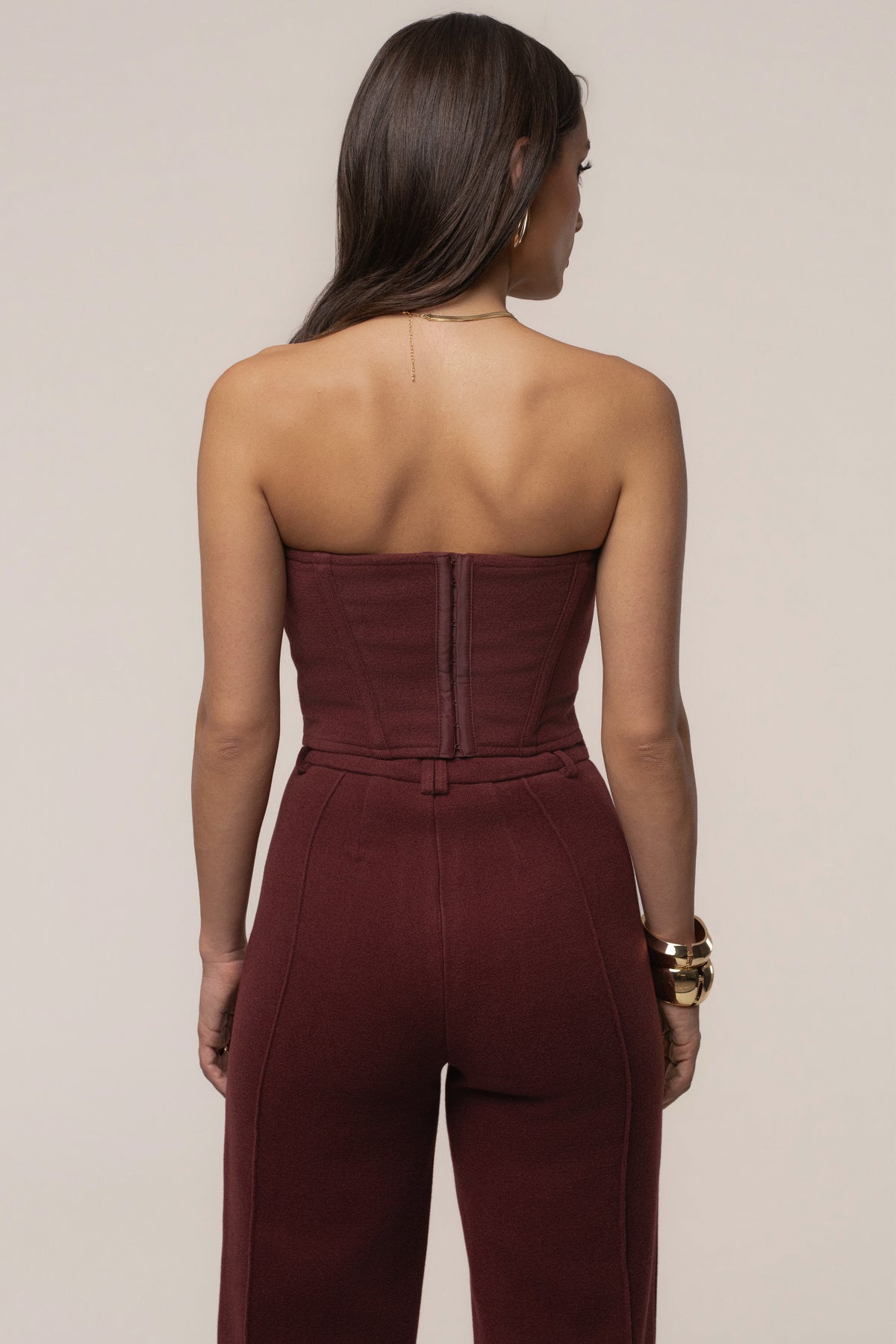 Burgundy JLUXLABEL woven corset top with adjustable straps and front lace-up detail, stylish and fitted for a fashionable look.
