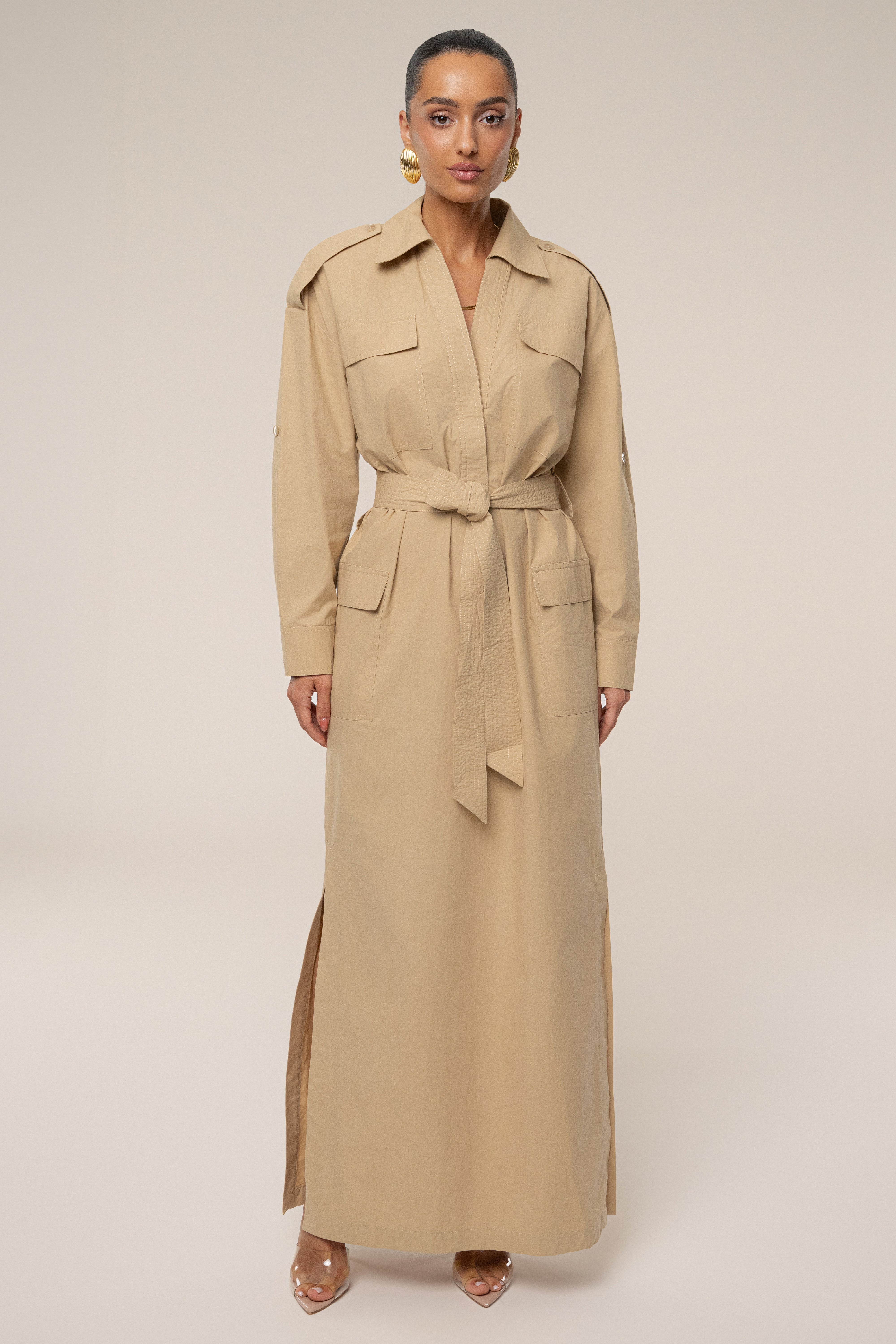 L’Or waist tuck shirt dress khaki ASOS DESIGN pintuck waist maxi shirt dress in khaki | ASOS