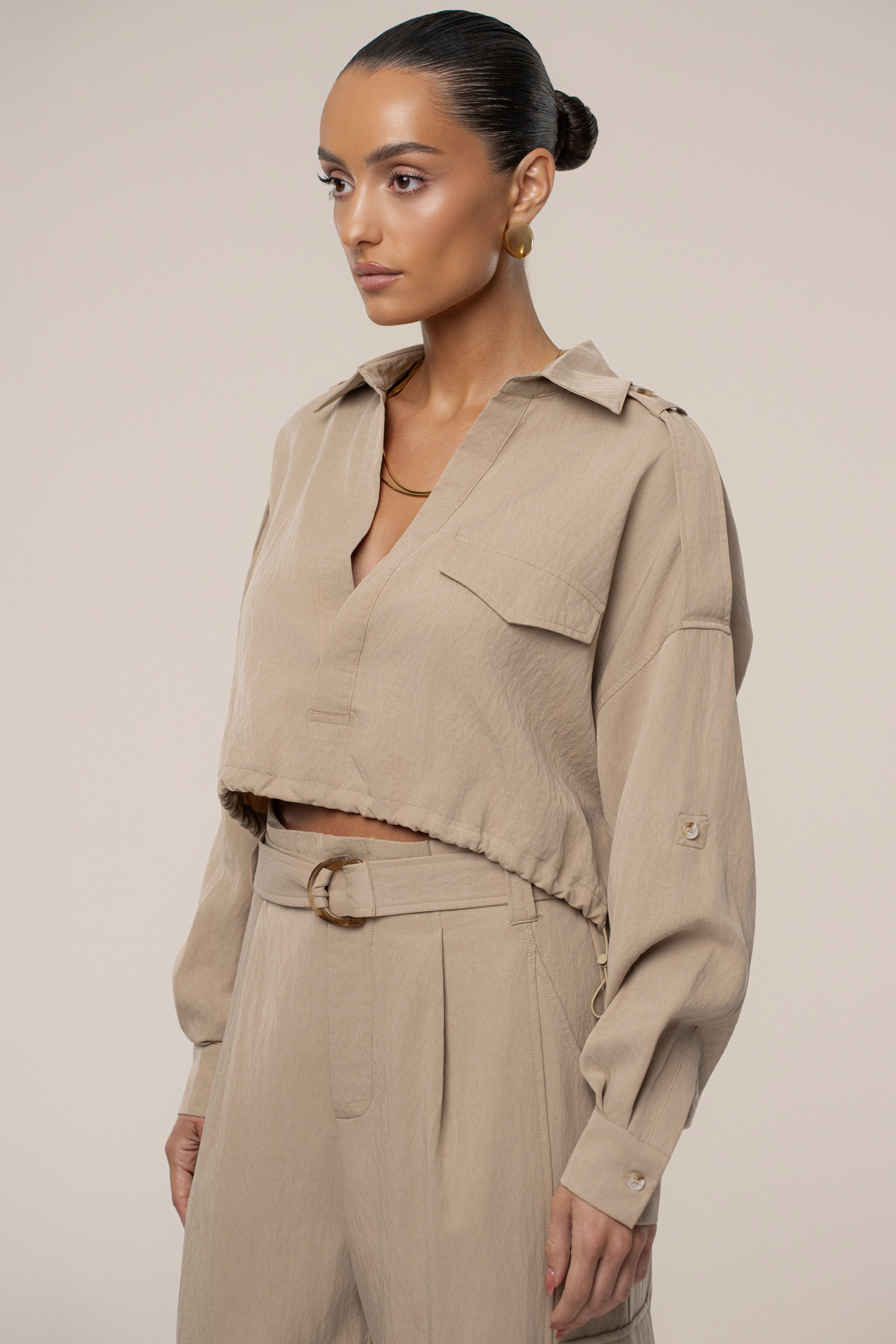 Tan Oasis Collared Crop Top - JLUXLABEL