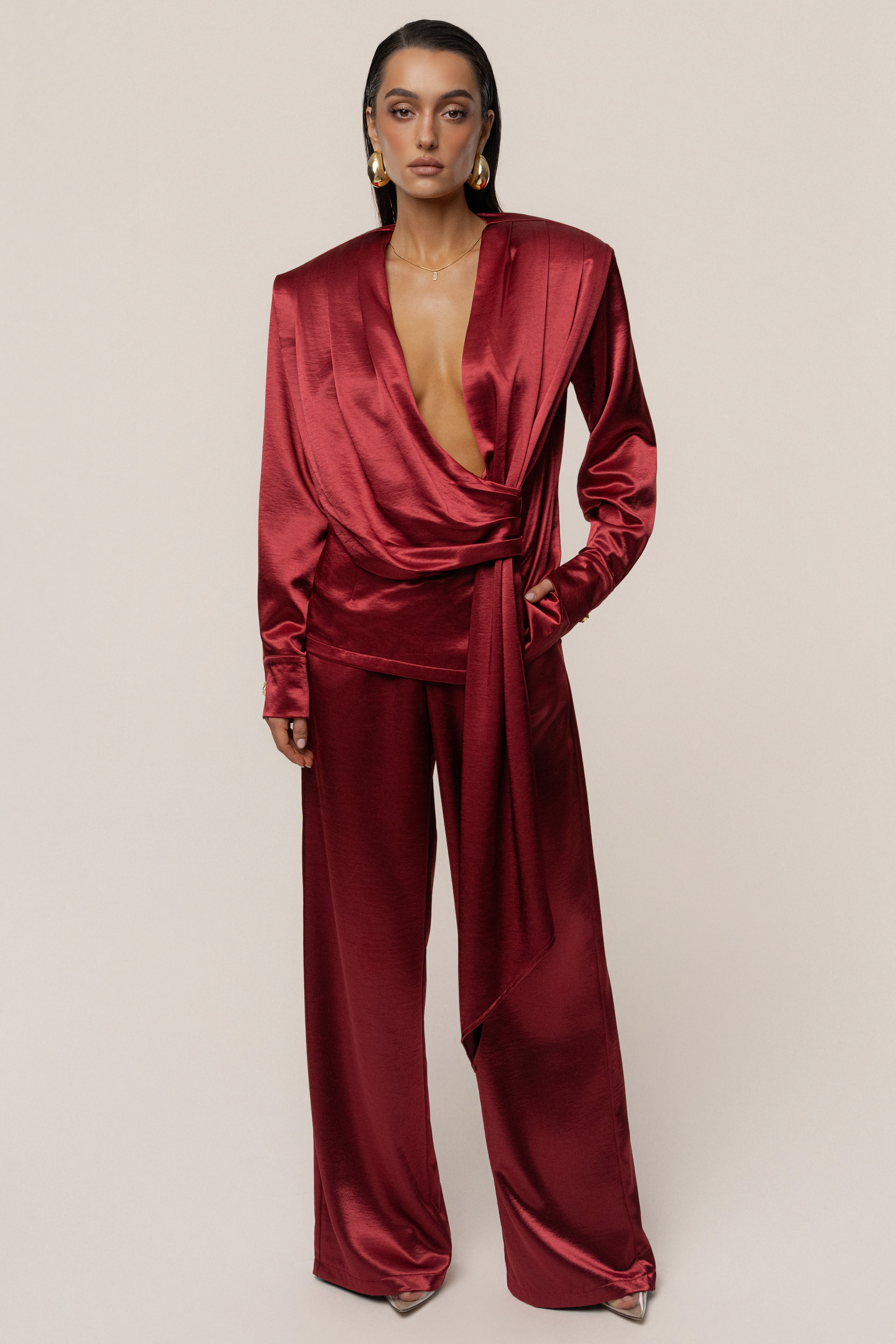 PRE-ORDER Burgundy Statement Draped Satin Top