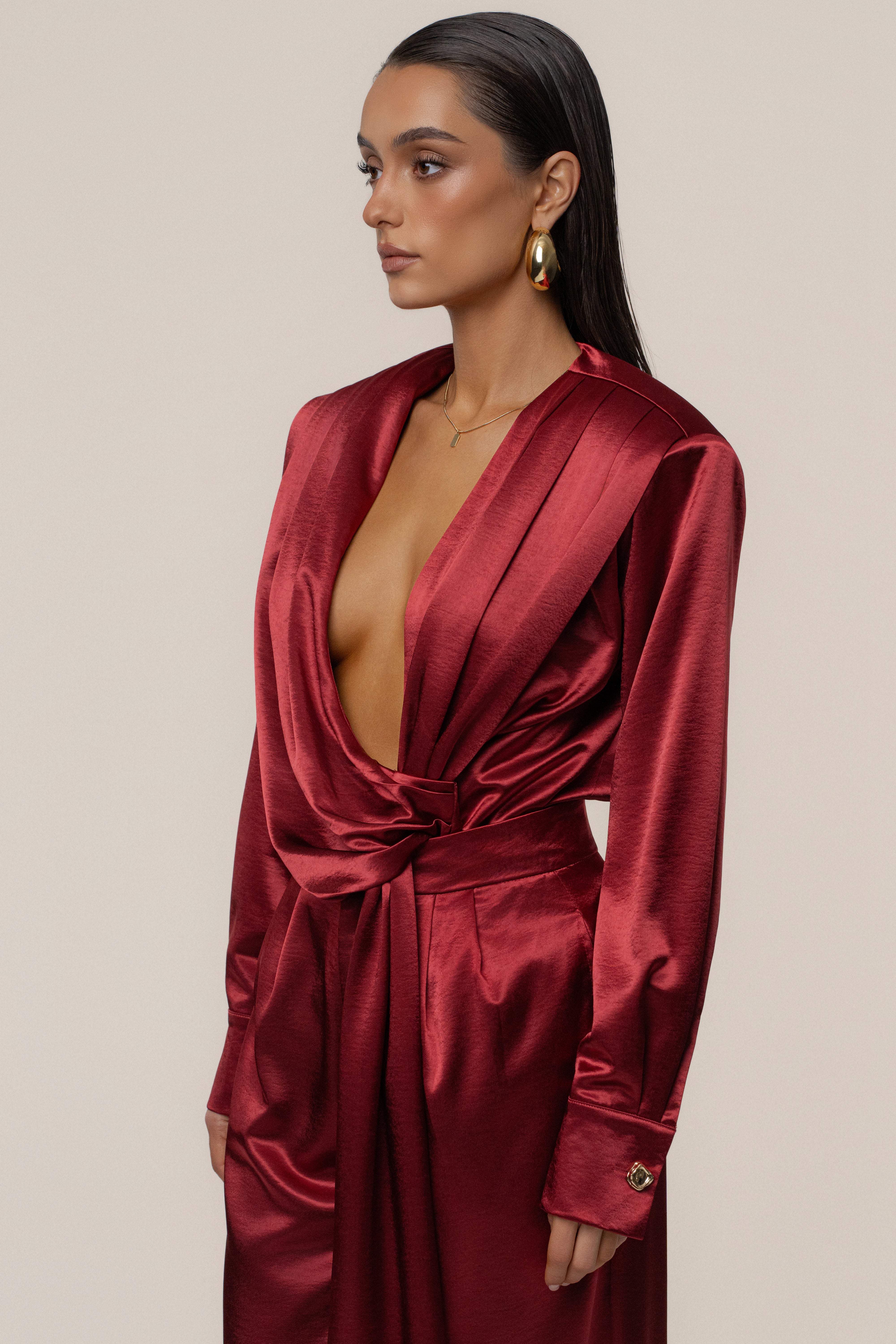 Burgundy Statement Draped Satin Top