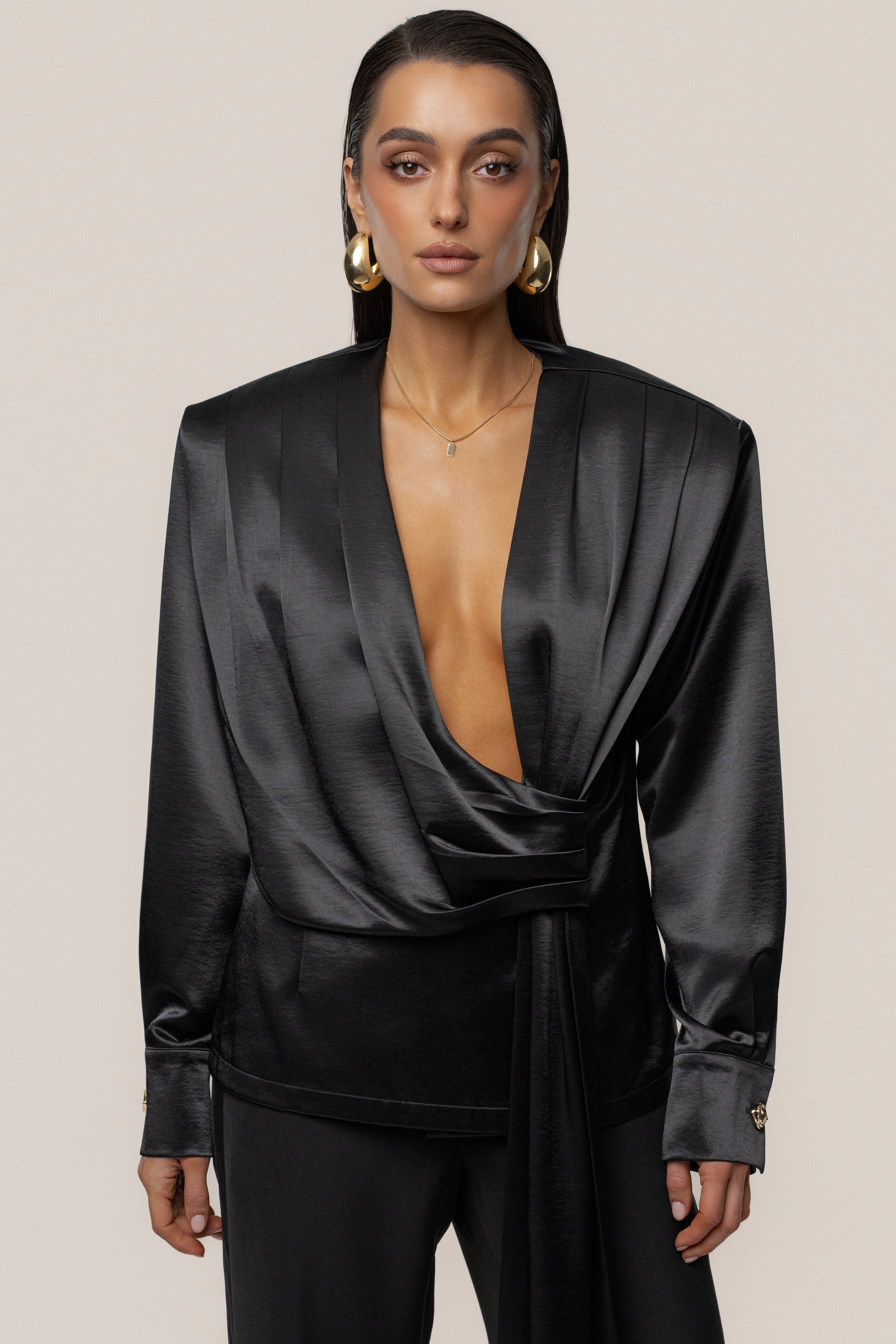 PRE-ORDER Black Statement Draped Satin Top