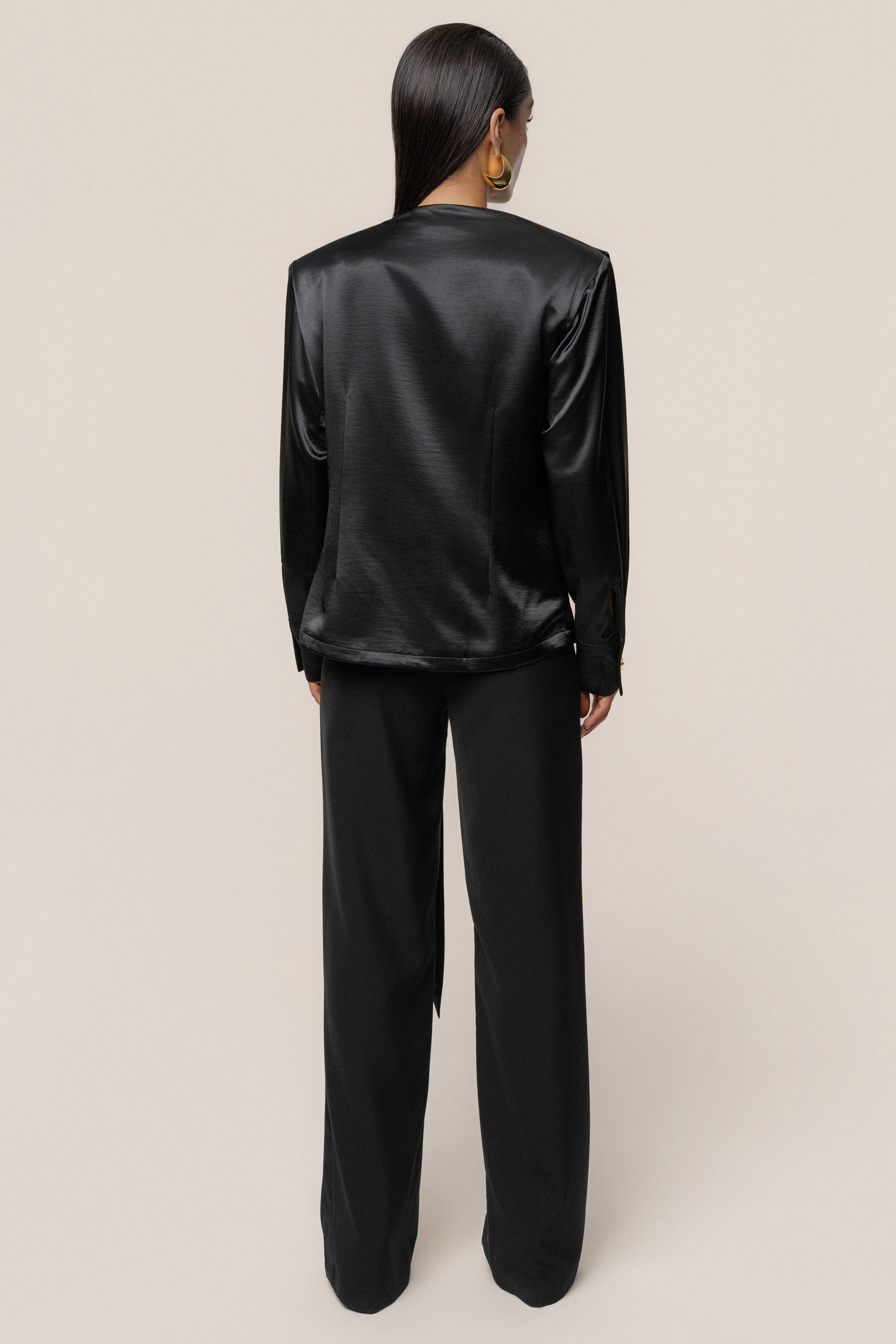 Black Statement Draped Satin Top