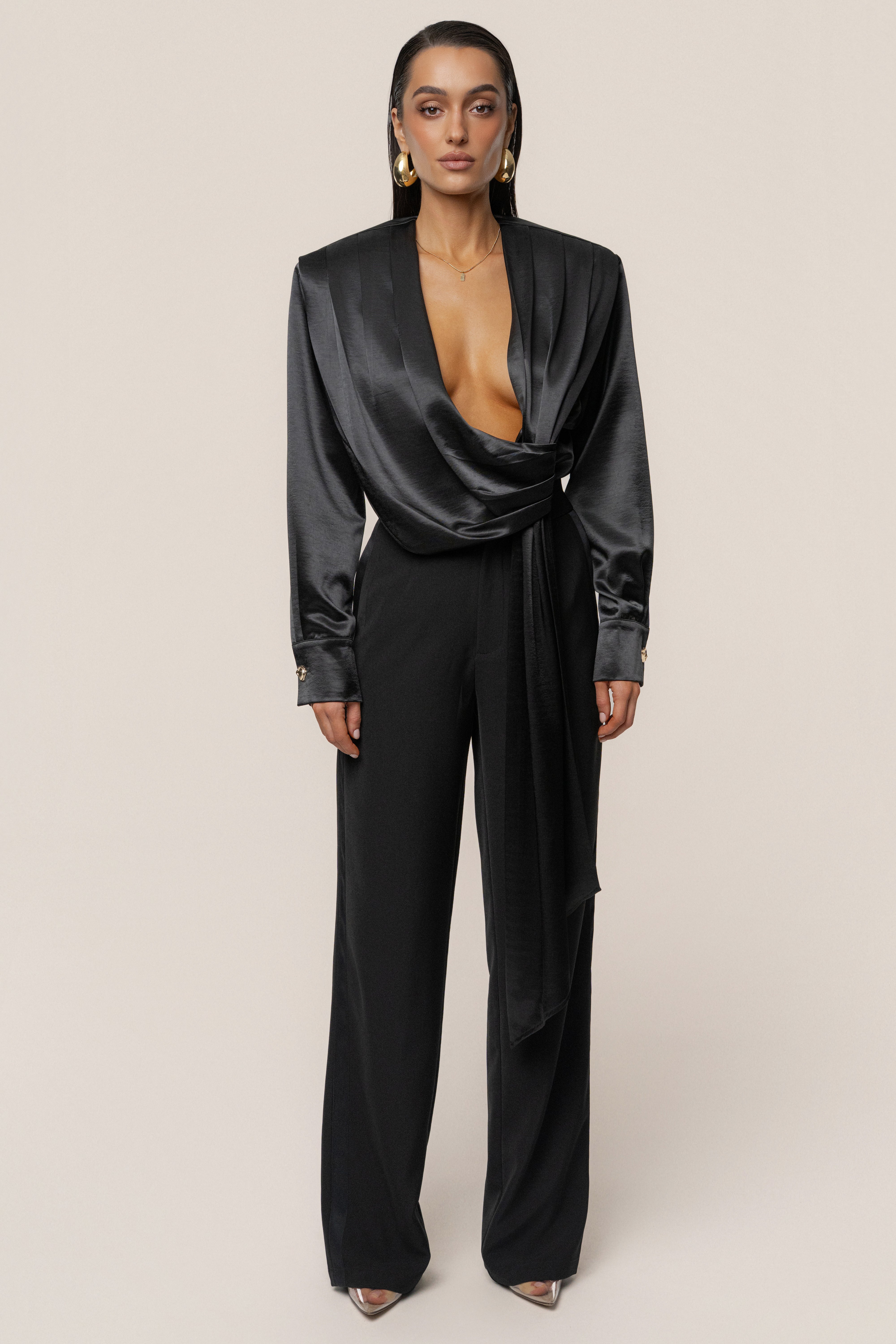 Black Statement Draped Satin Top